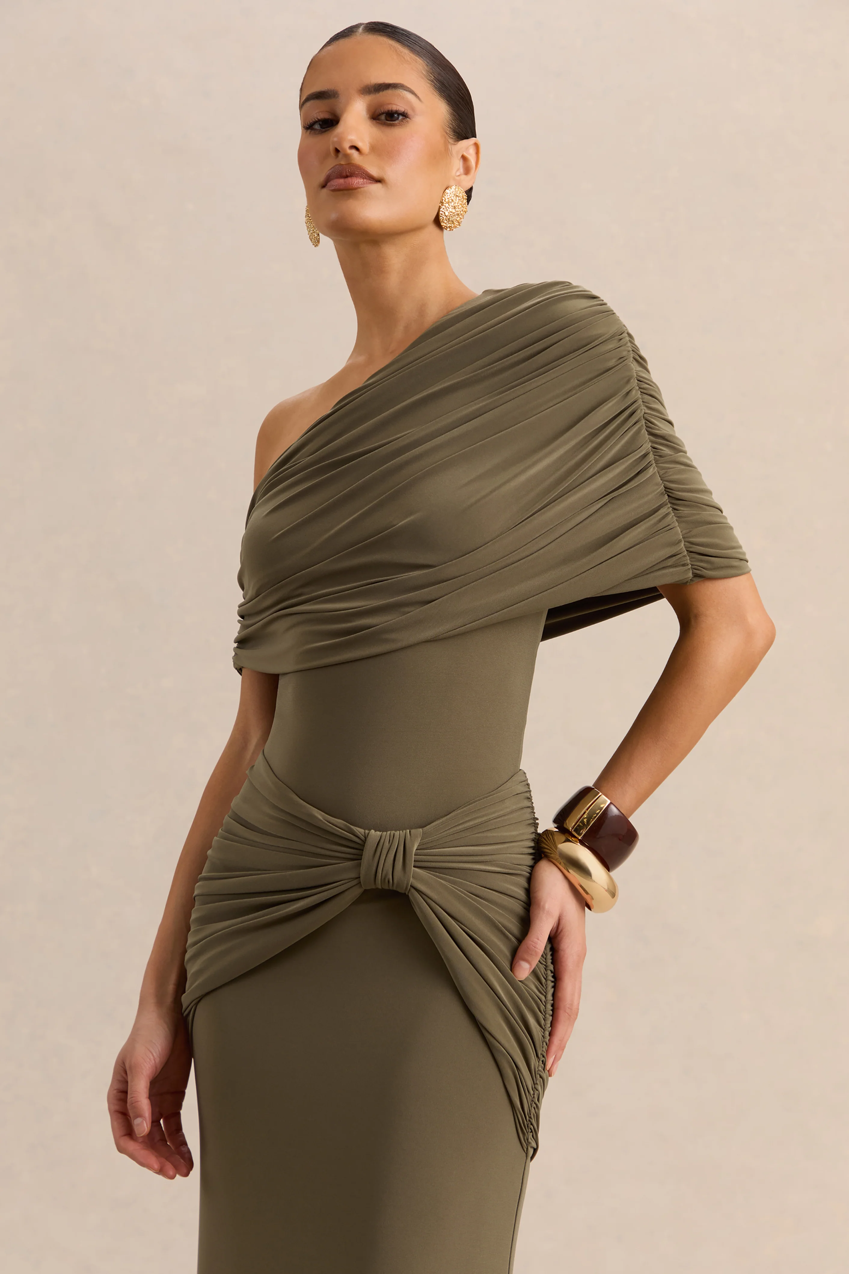 Larelle | Khaki Asymmetric-Neck Thong Bodysuit With Ruched-Detailing - Image 6