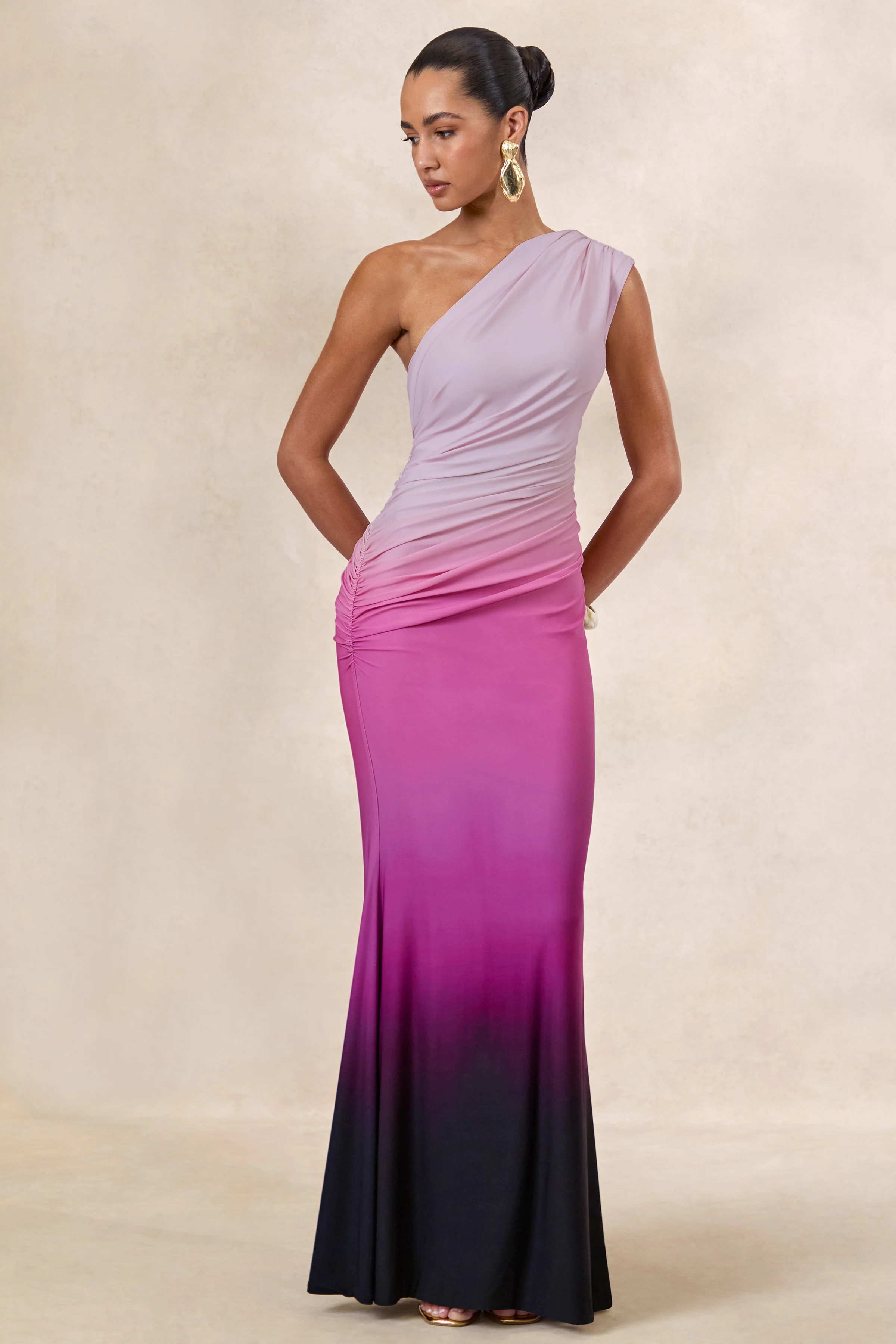 Lauretta | Pink Ombre Asymmetric Maxi Dress With Ruching - Image 5