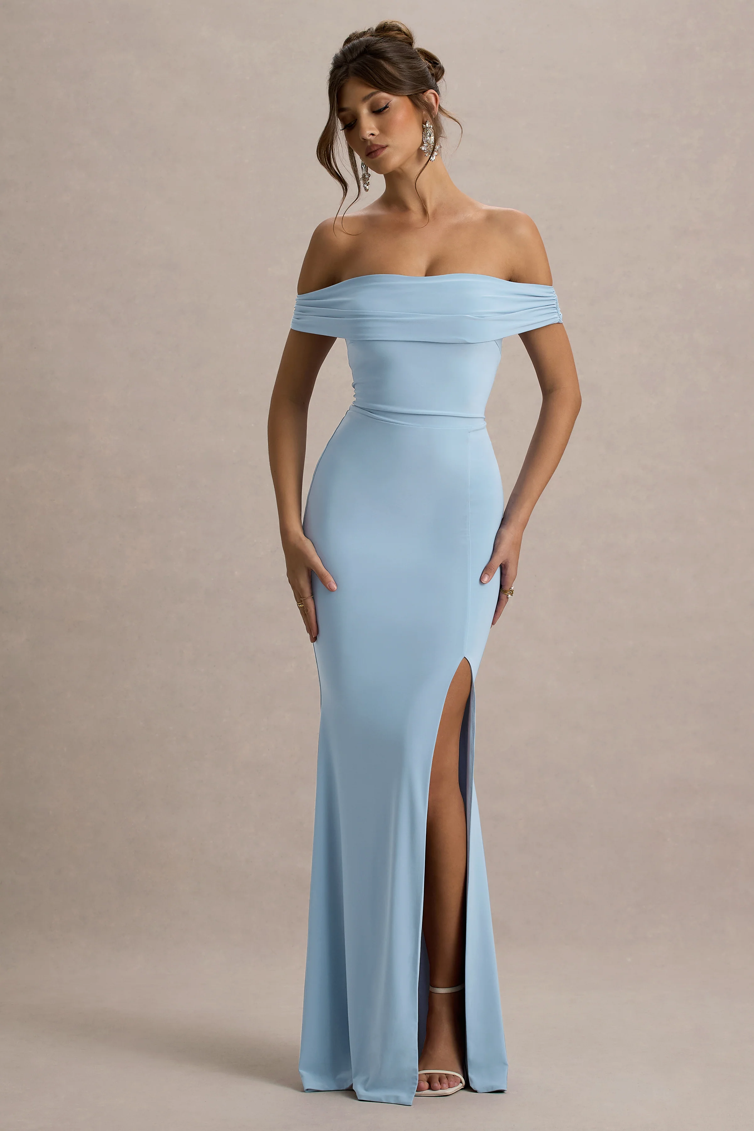 Law of Attraction | Powder Blue Bardot Draped Split Maxi Dress - Image 4