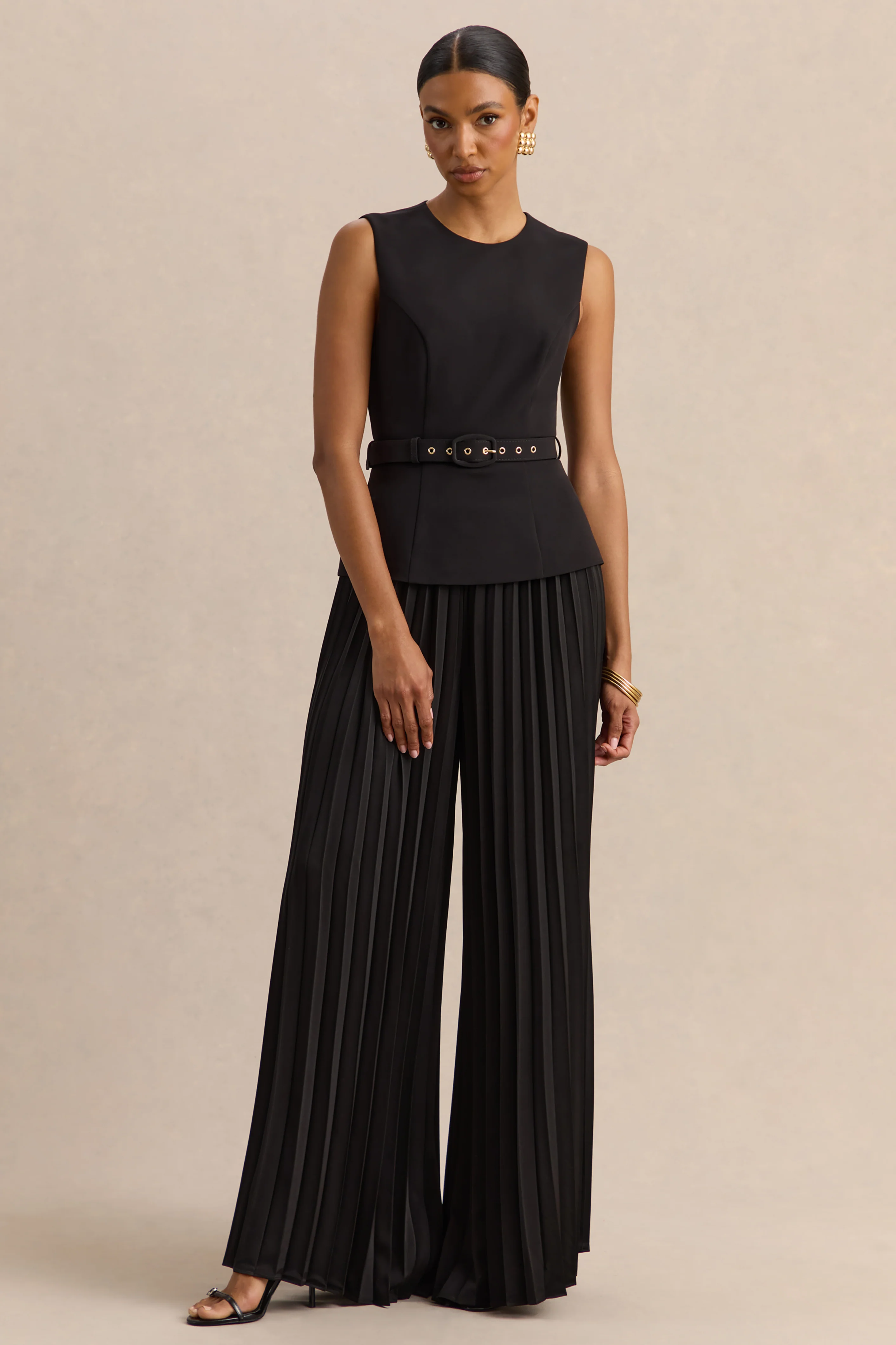 Lerenza | Black Satin Wide-Leg Pleated Trousers