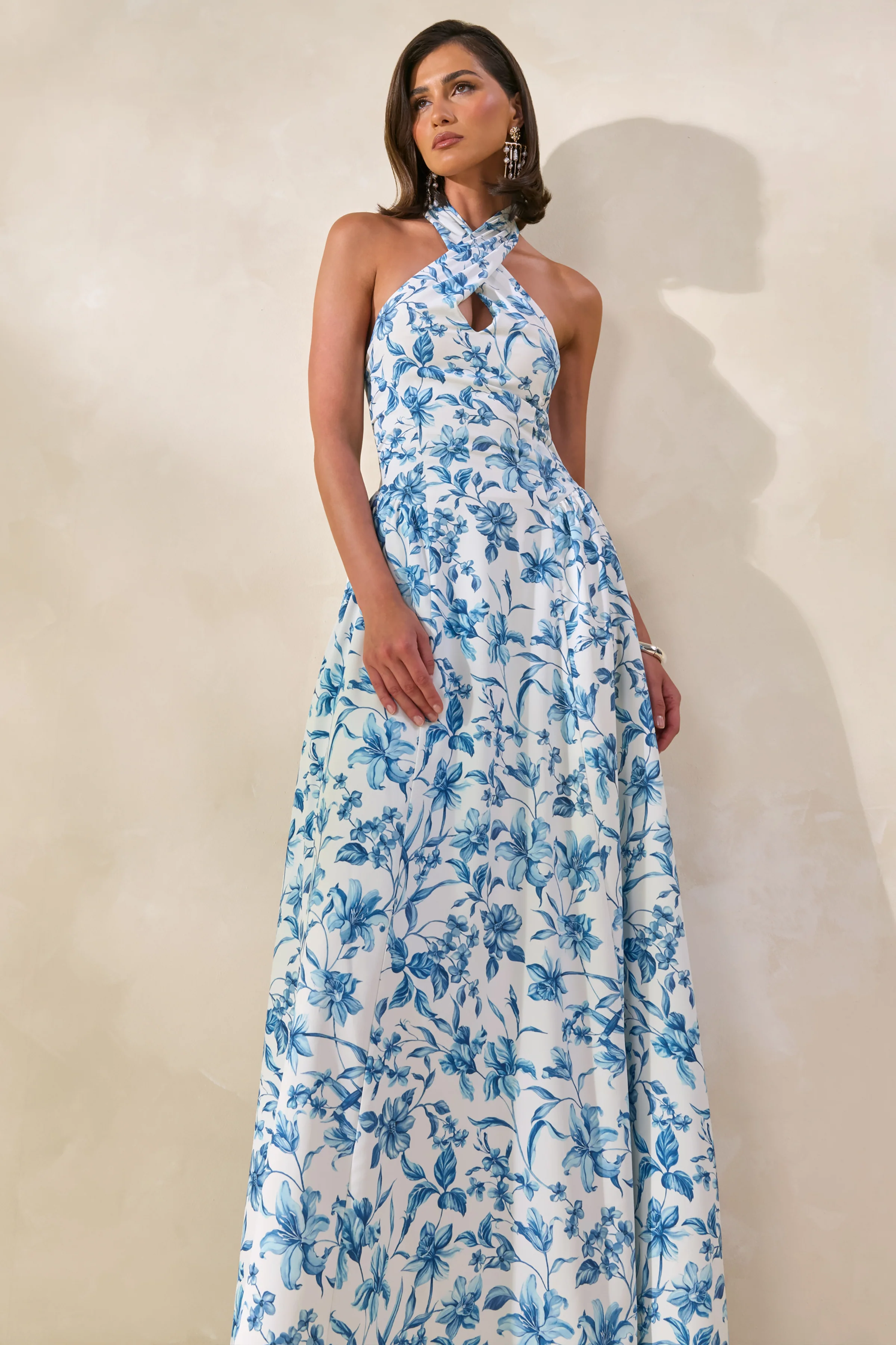 Liana | Blue Porcelain Print Halter-Neck Maxi Dress - Image 3