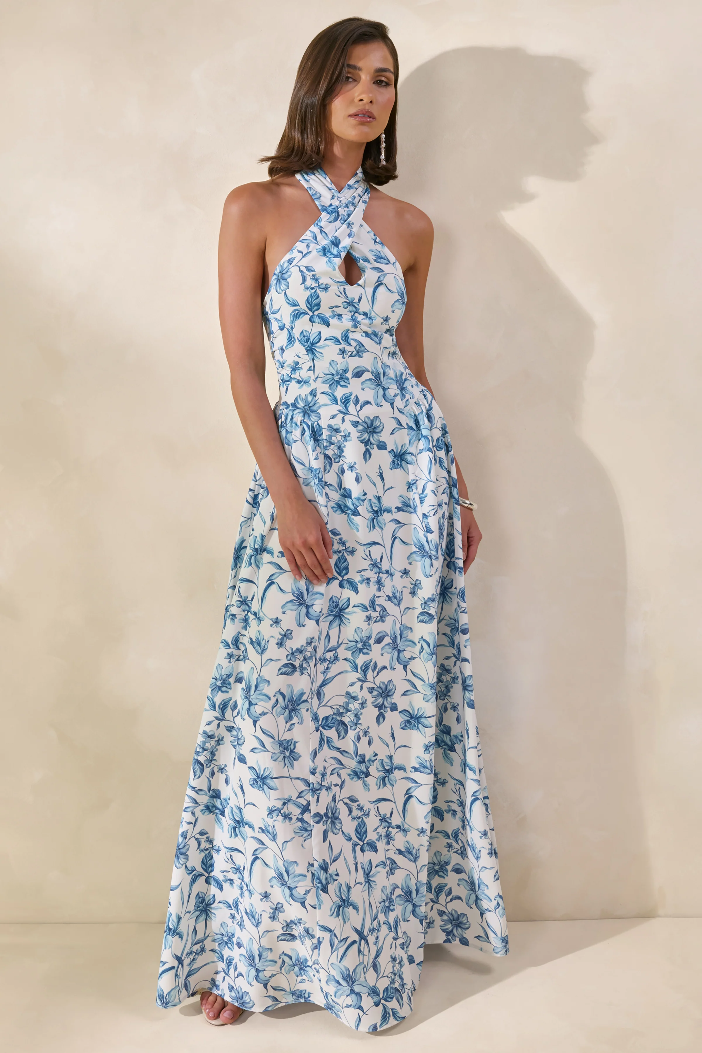 Liana | Blue Porcelain Print Halter-Neck Maxi Dress - Image 4