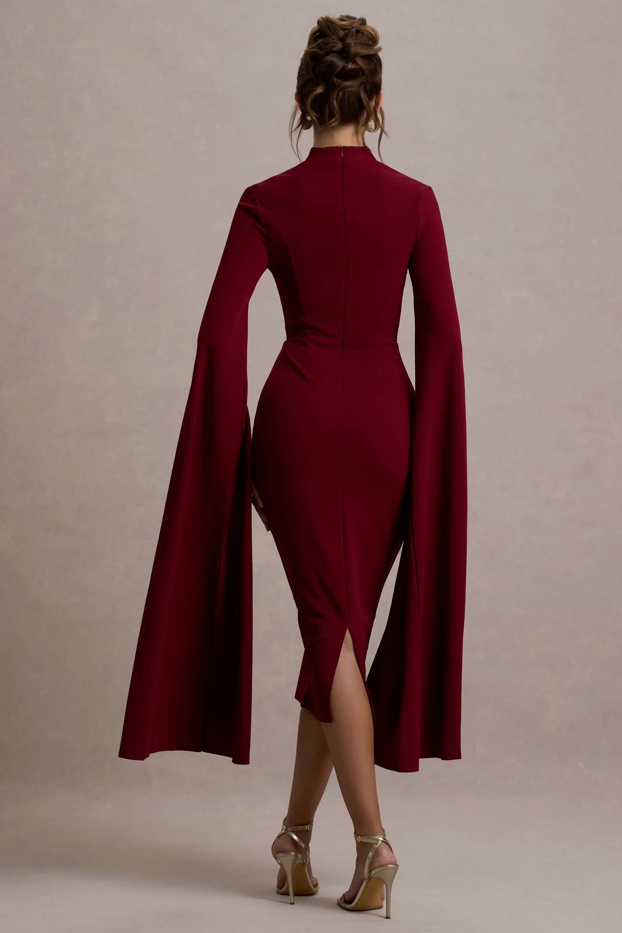 Linden | Burgundy Bodycon Cape-Sleeve Midi Dress - Image 2