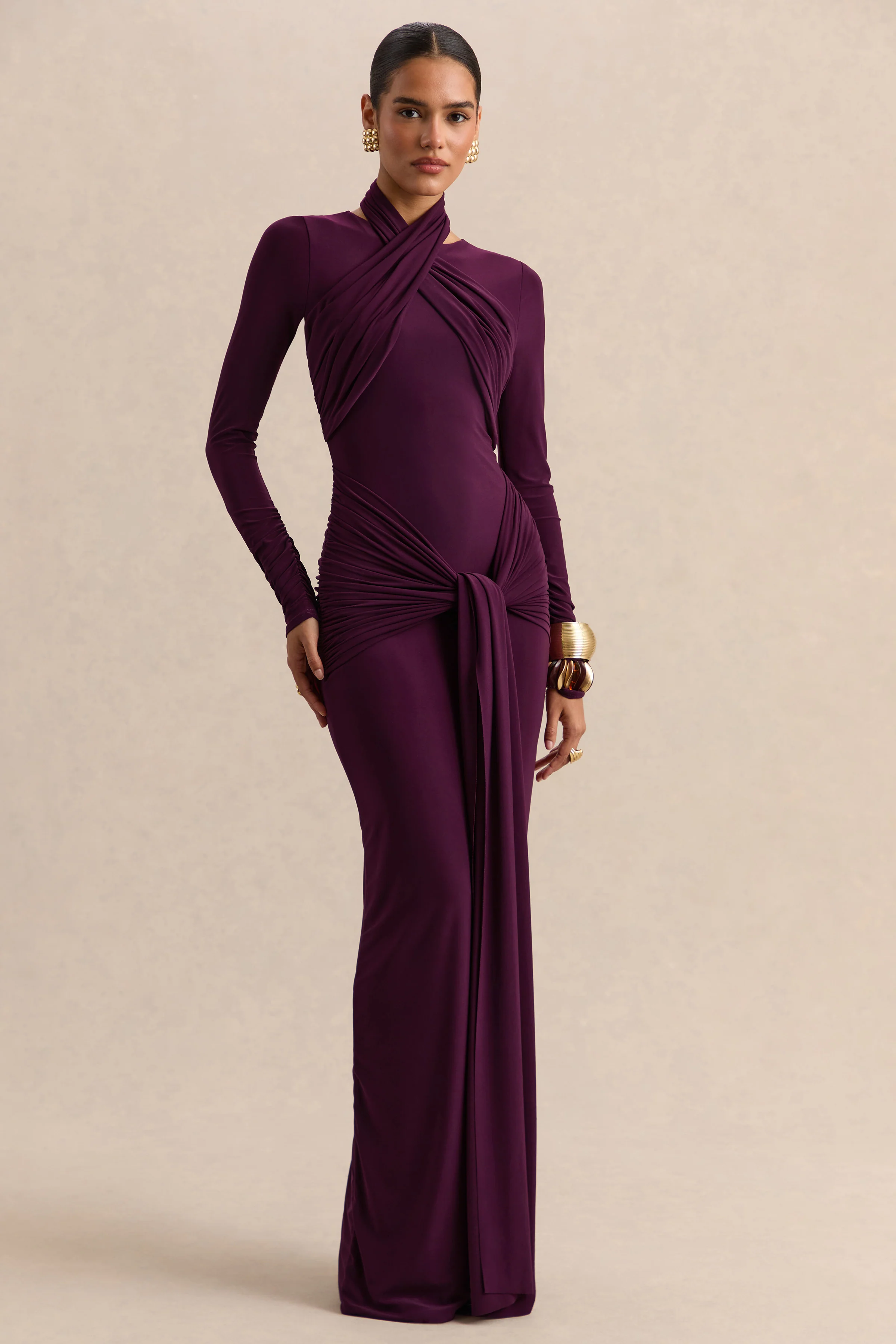 Linessa | Dark Plum High-Neck Maxi Dress With Sash And Gathered-Detailing - Image 3
