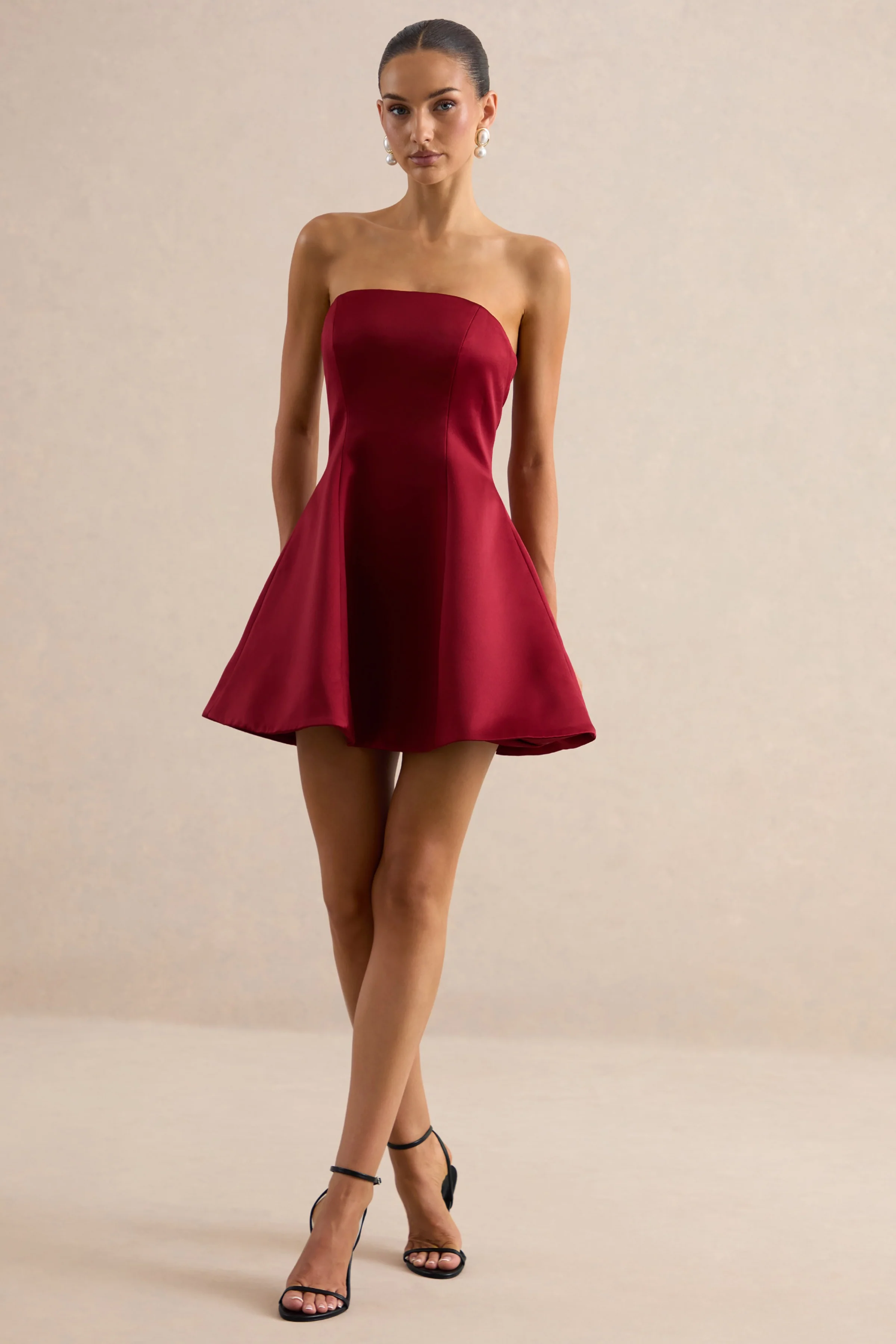 Lioray | Burgundy Satin Bandeau-Neck A-Line Mini Dress - Image 3
