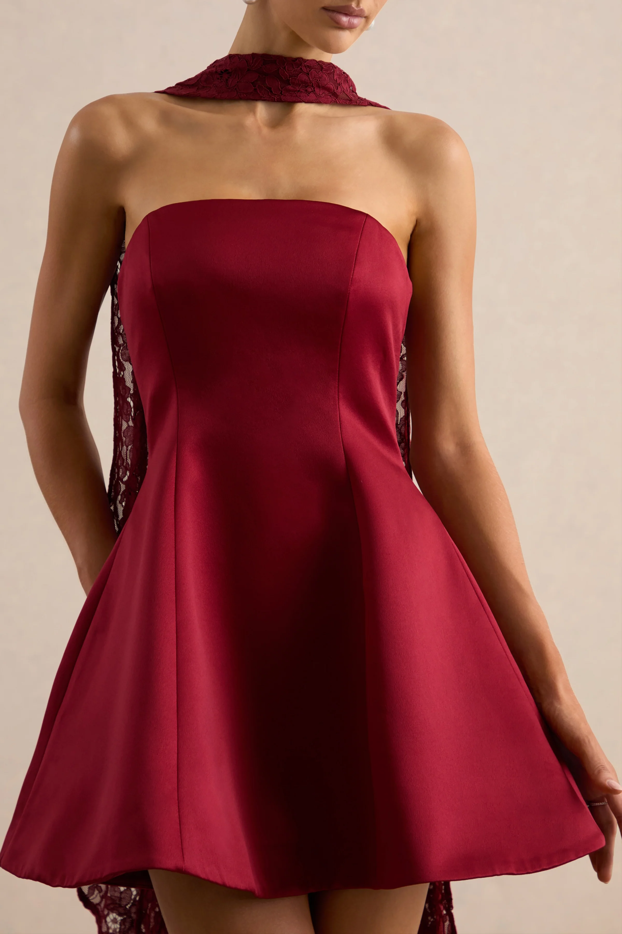 Lioray | Burgundy Satin Bandeau-Neck A-Line Mini Dress - Image 4