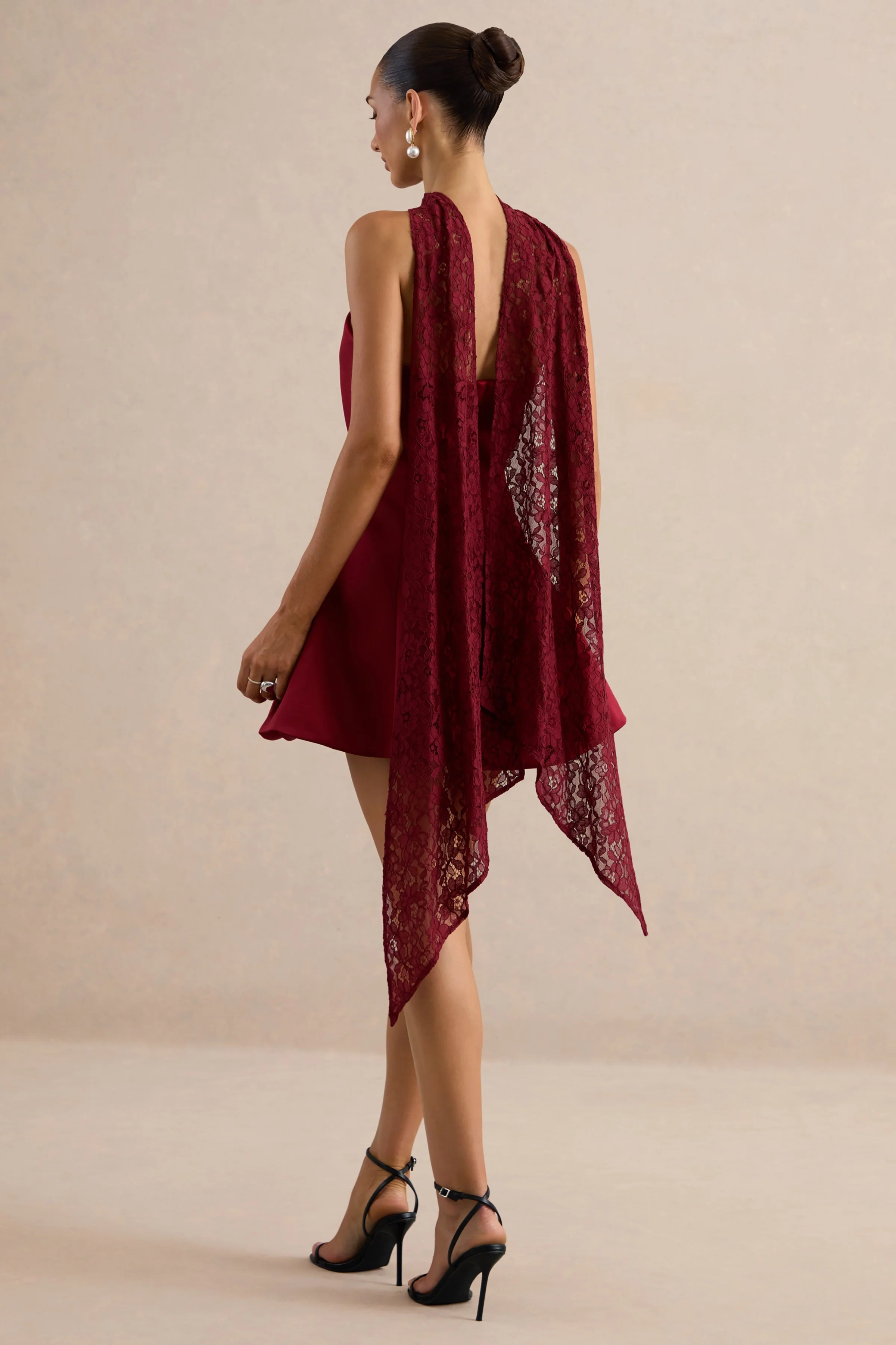 Lioray | Burgundy Satin Bandeau-Neck A-Line Mini Dress - Image 5
