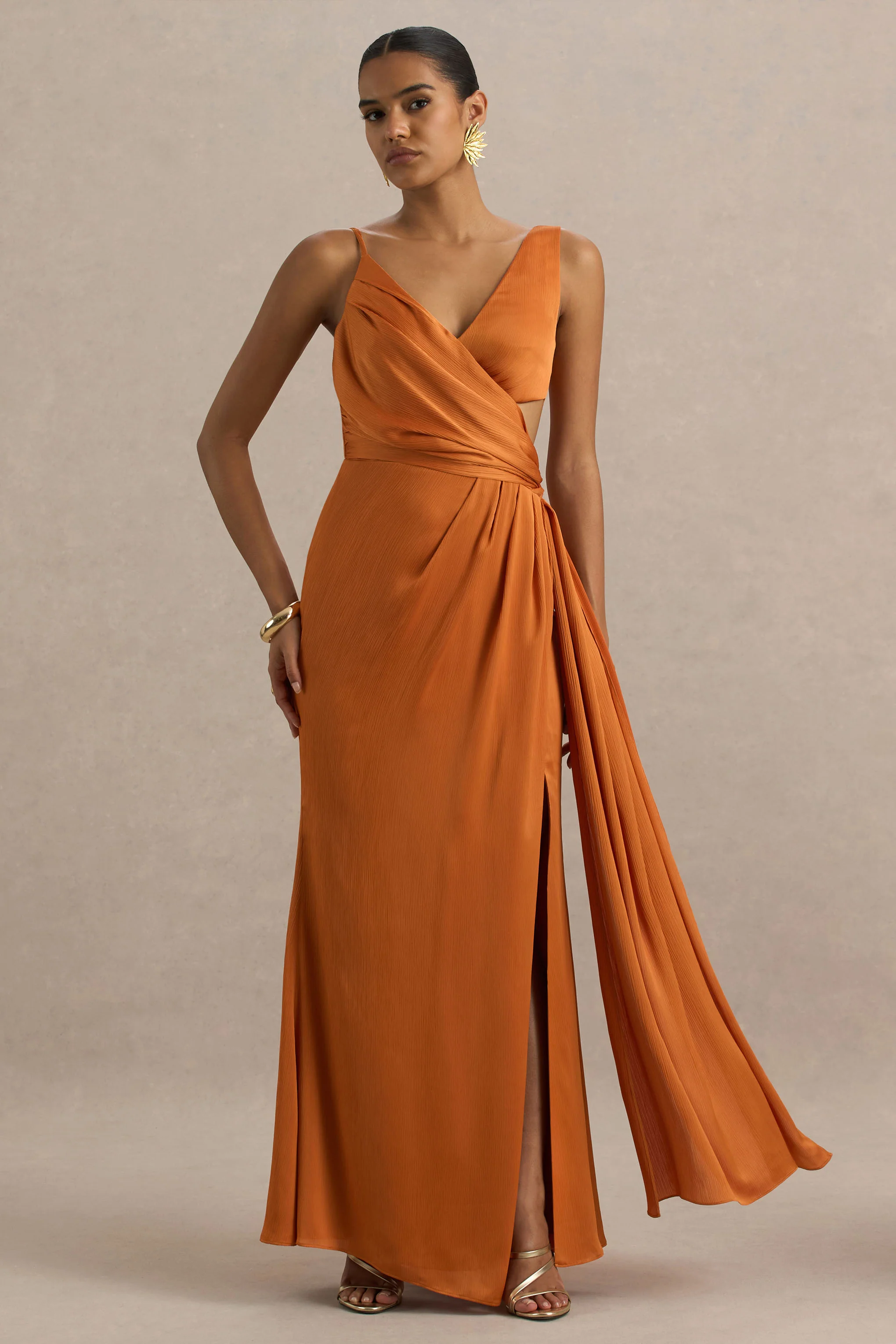 Livia | Orange Plunge-Neck Fishtail Maxi Dress - Image 6