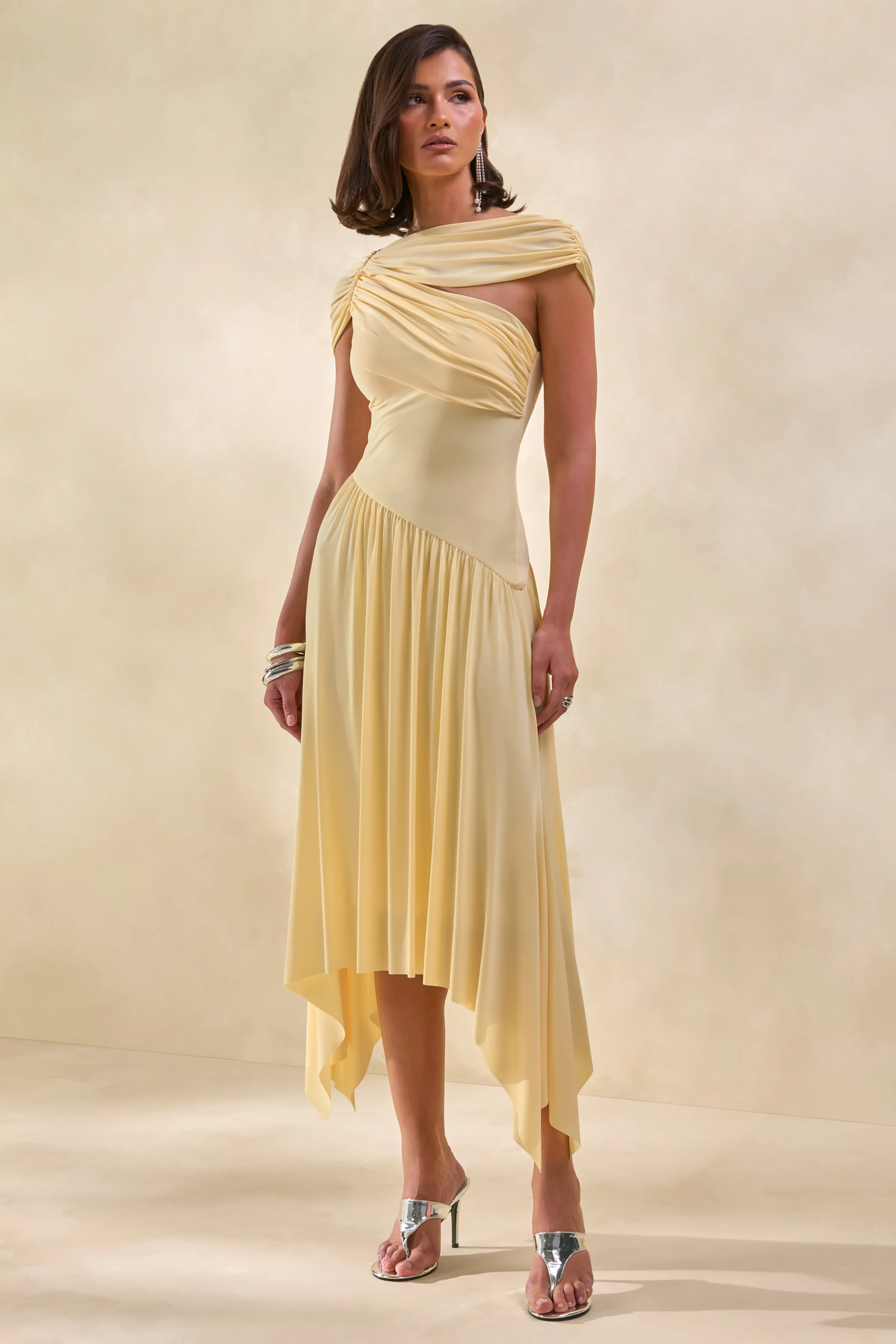 Lorina | Lemon High-Neck Midi Dress With Asymmetric-Waist - Image 4