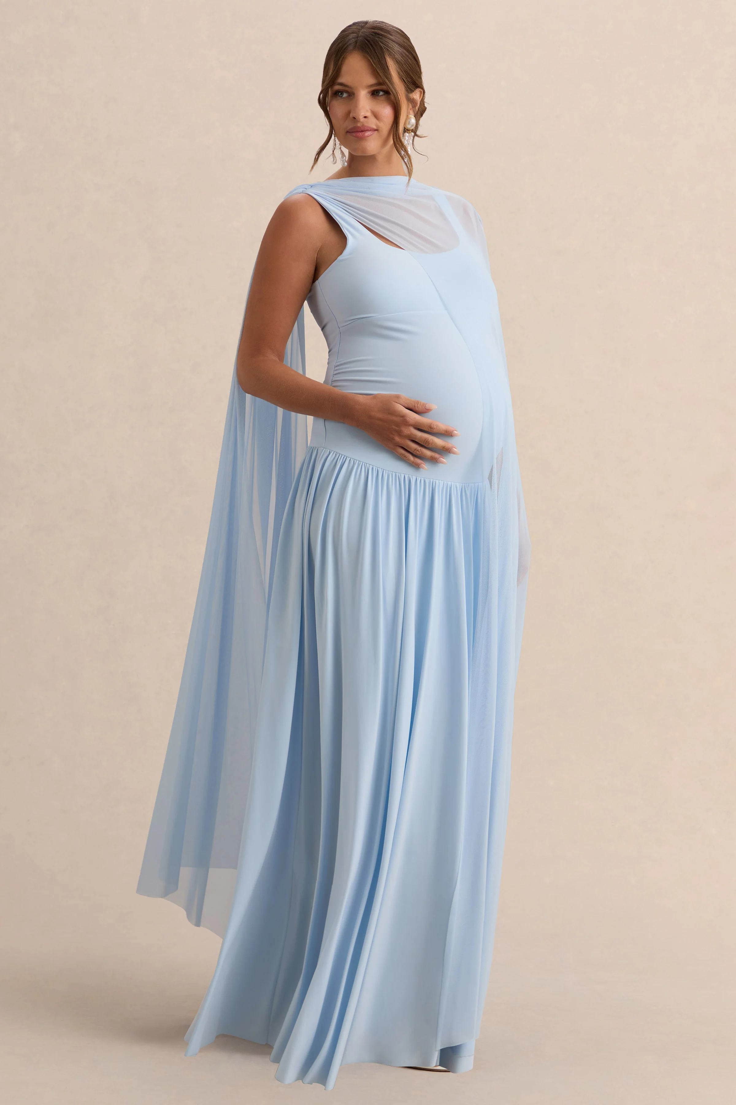 Louella | Light Blue Round-Neck Maternity Maxi Dress With Sheer Cape - Image 5