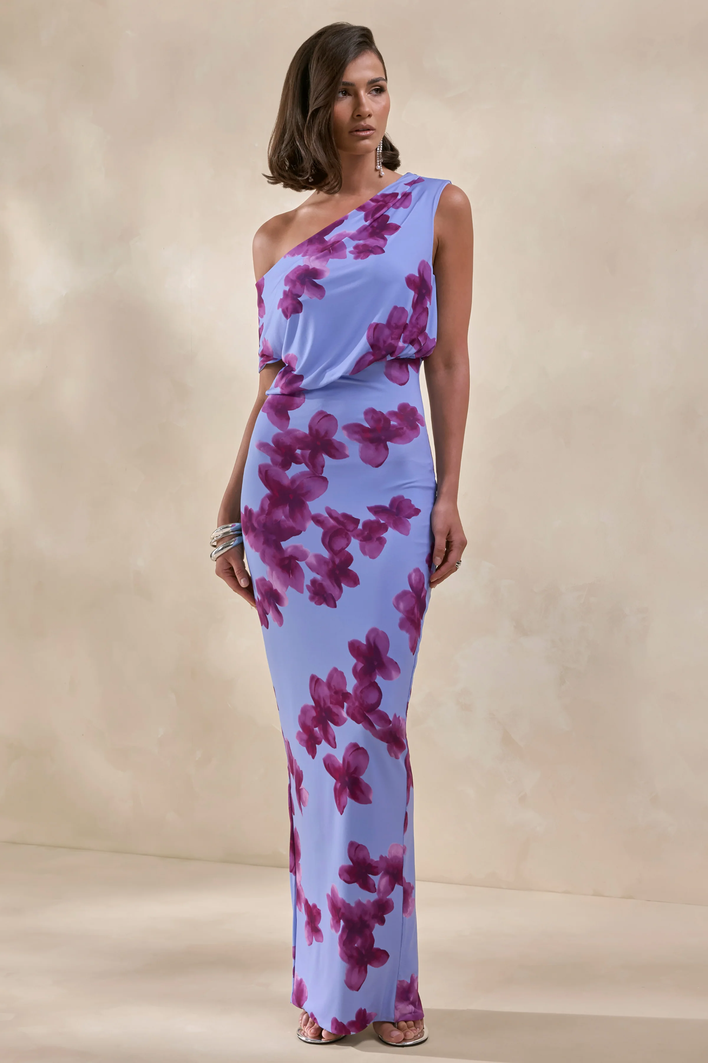 Louisa | Blurred Floral Print Asymmetric-Neck Maxi Dress - Image 5