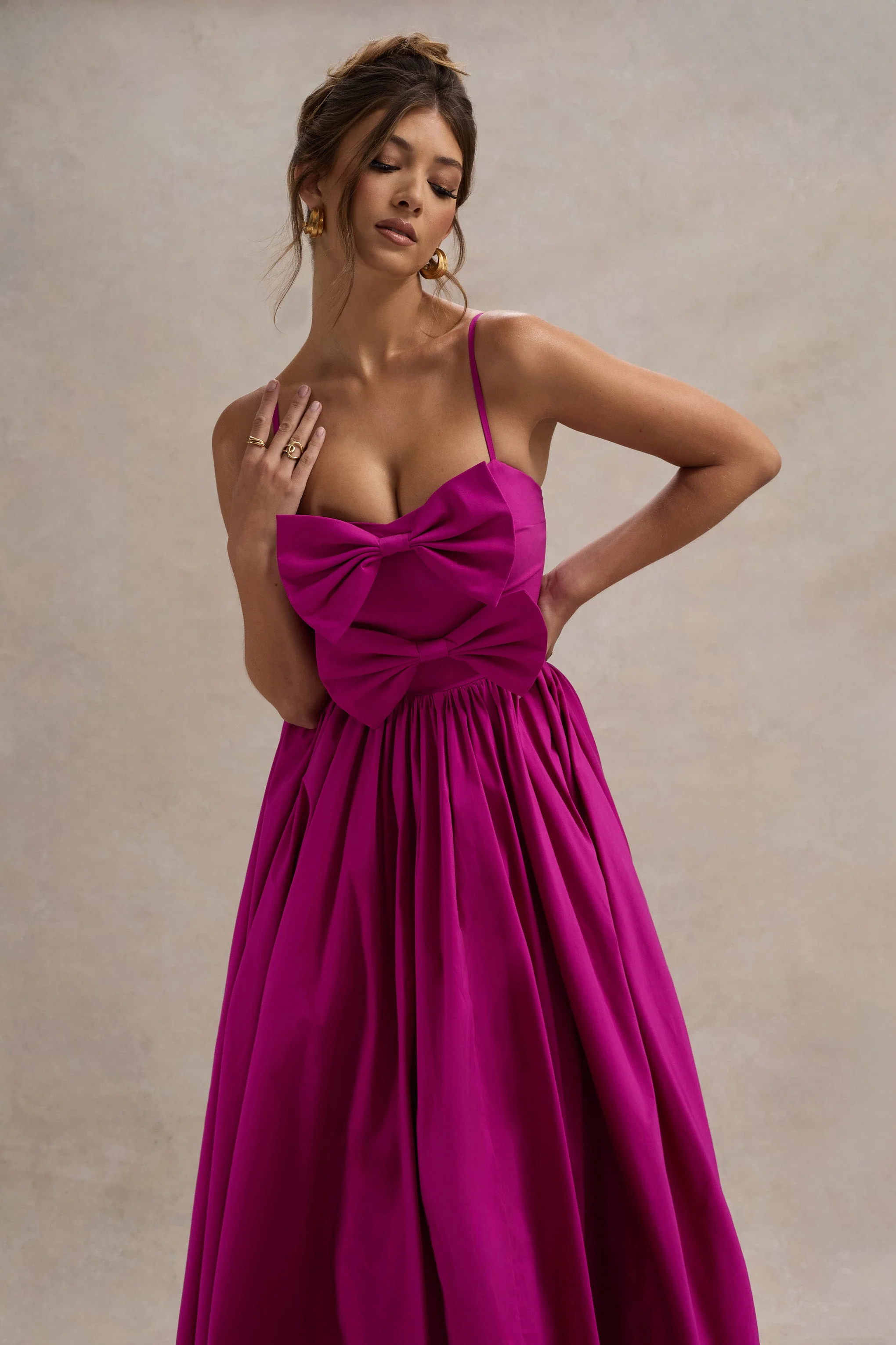 Loved Up | Fuschia Pink Strappy Pleated Maxi Dress With Bows - Image 3