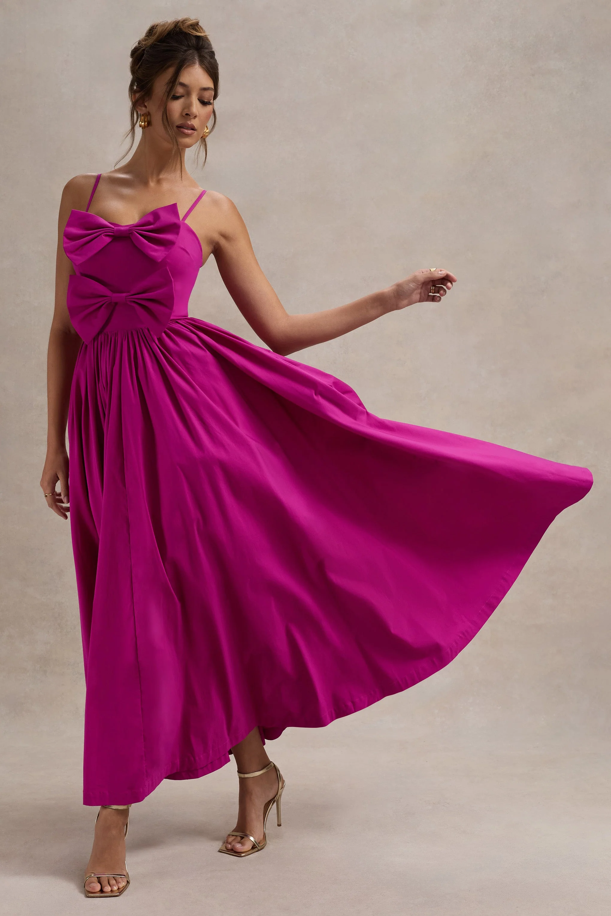 Loved Up | Fuschia Pink Strappy Pleated Maxi Dress With Bows - Image 5