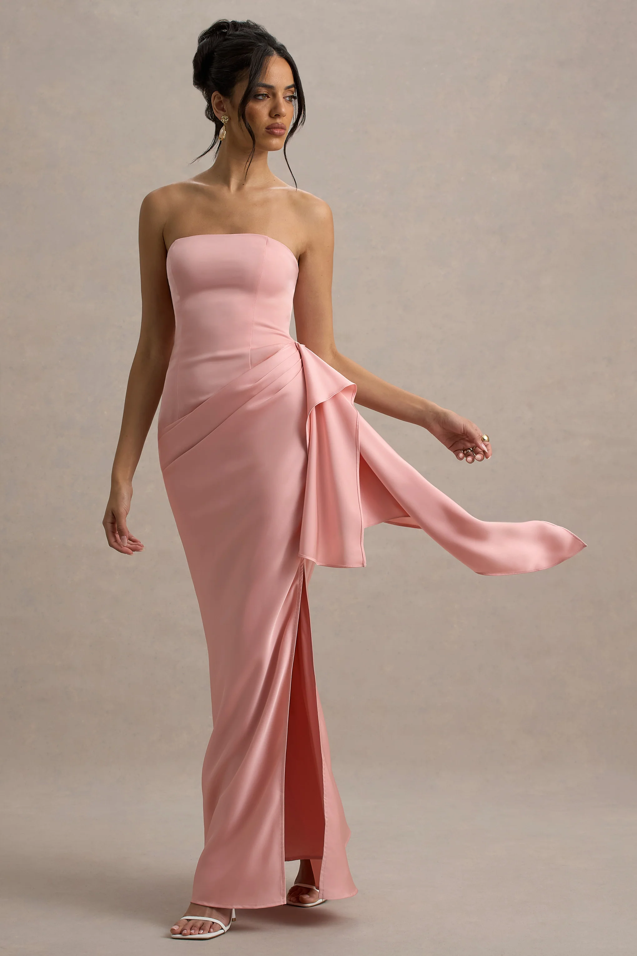 Loz | Light Pink Satin Bandeau Draped Maxi Dress - Image 4