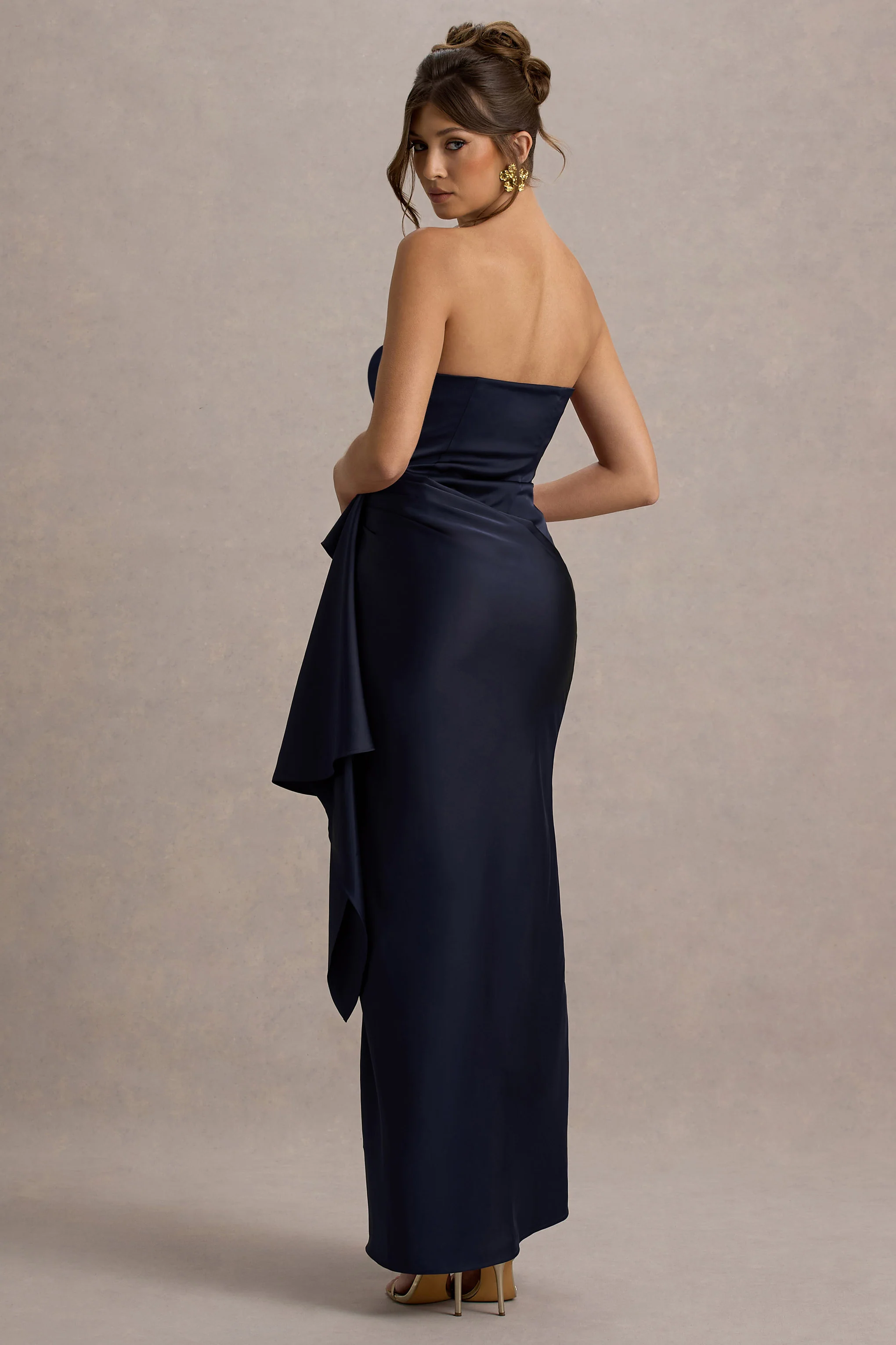 Loz | Navy Satin Bandeau Draped Maxi Dress - Image 2
