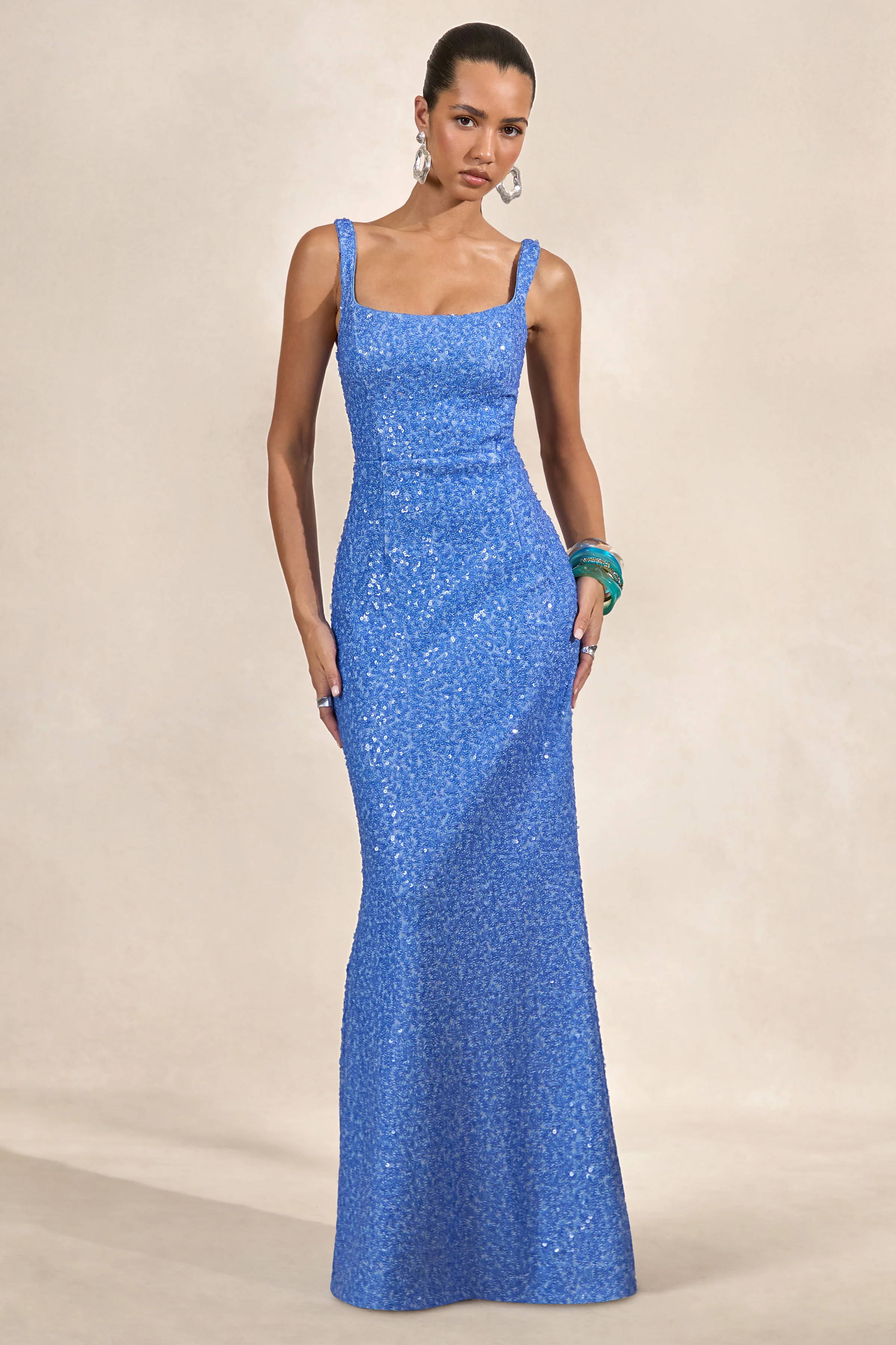 Lucelle | Powder Blue Sequin Scoop-Neck Maxi Dress - Image 4
