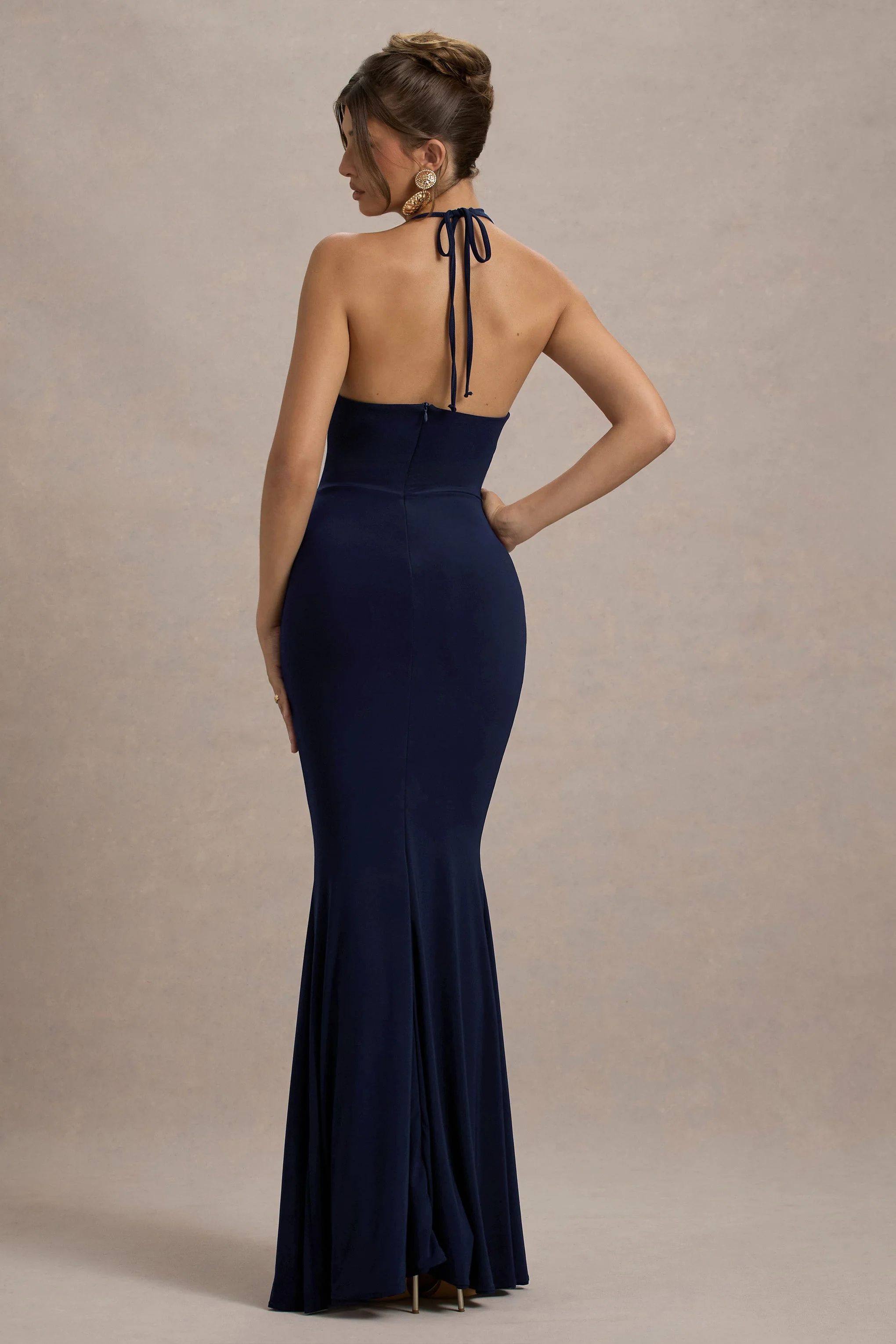 Lucena | Navy Cowl-Neck Wrap Maxi Dress With Floral Drape - Image 2