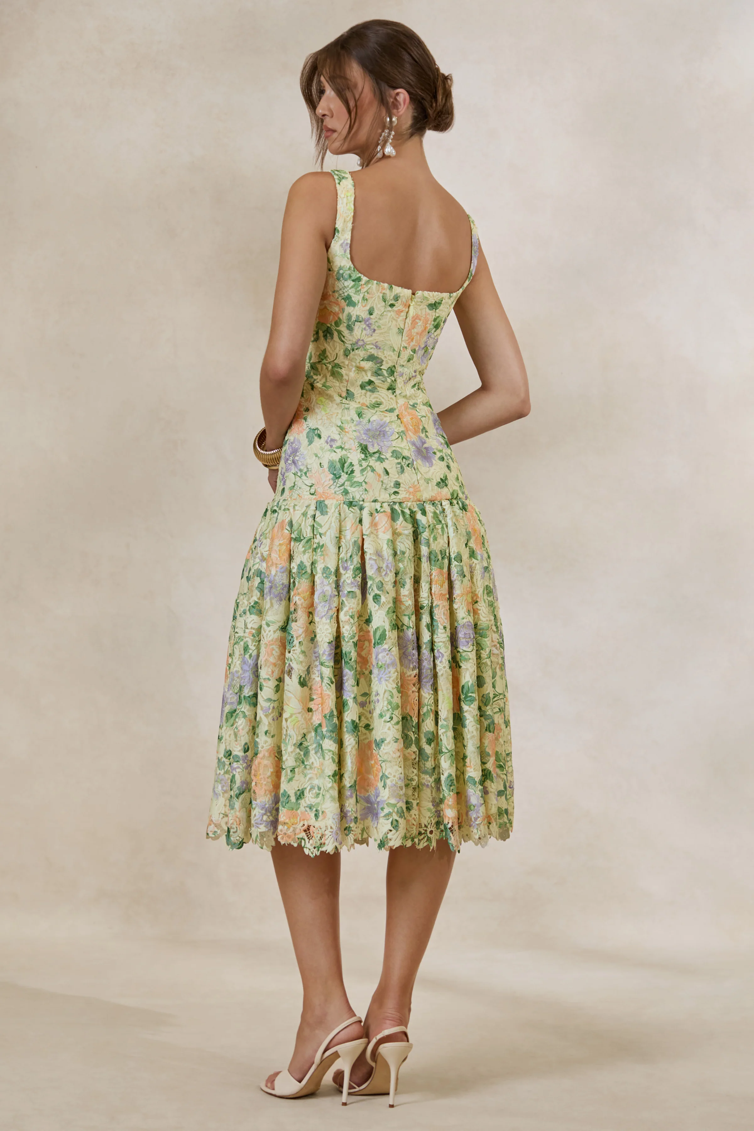 Lumara | Lemon Floral Print Lace Square-Neck Midi Dress With Drop Waist - Image 2