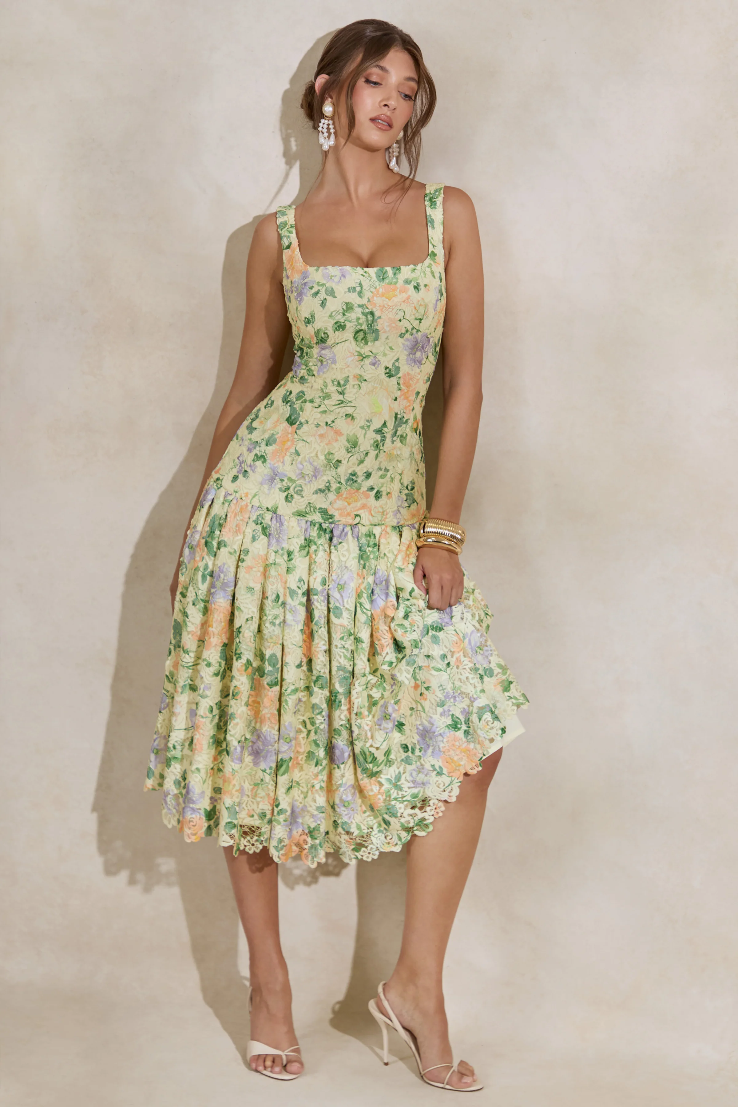 Lumara | Lemon Floral Print Lace Square-Neck Midi Dress With Drop Waist - Image 5