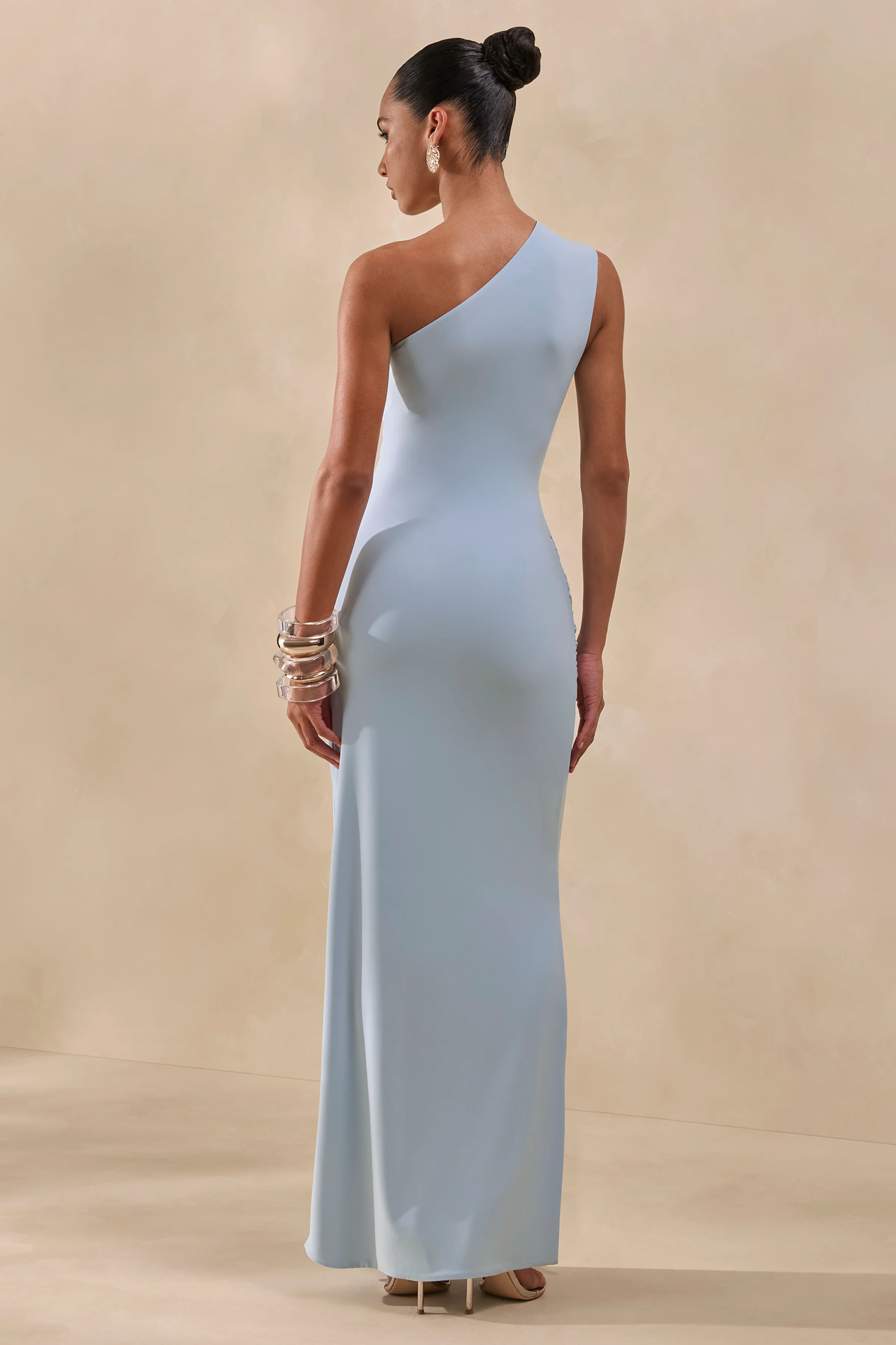 Lunoria | Powder Blue Asymmetric-Neck Maxi Dress With Gathered-Detailing - Image 2