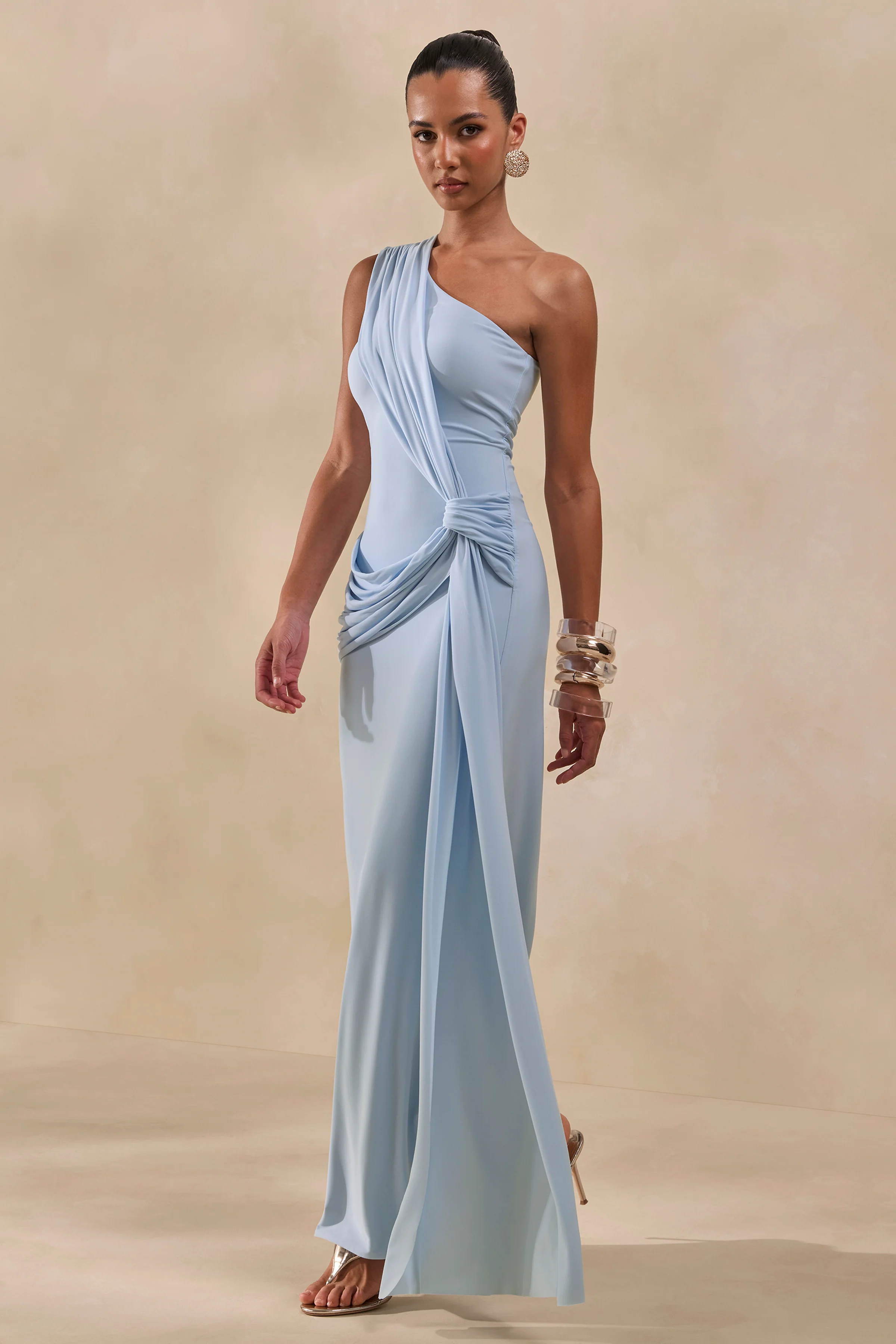 Lunoria | Powder Blue Asymmetric-Neck Maxi Dress With Gathered-Detailing - Image 4