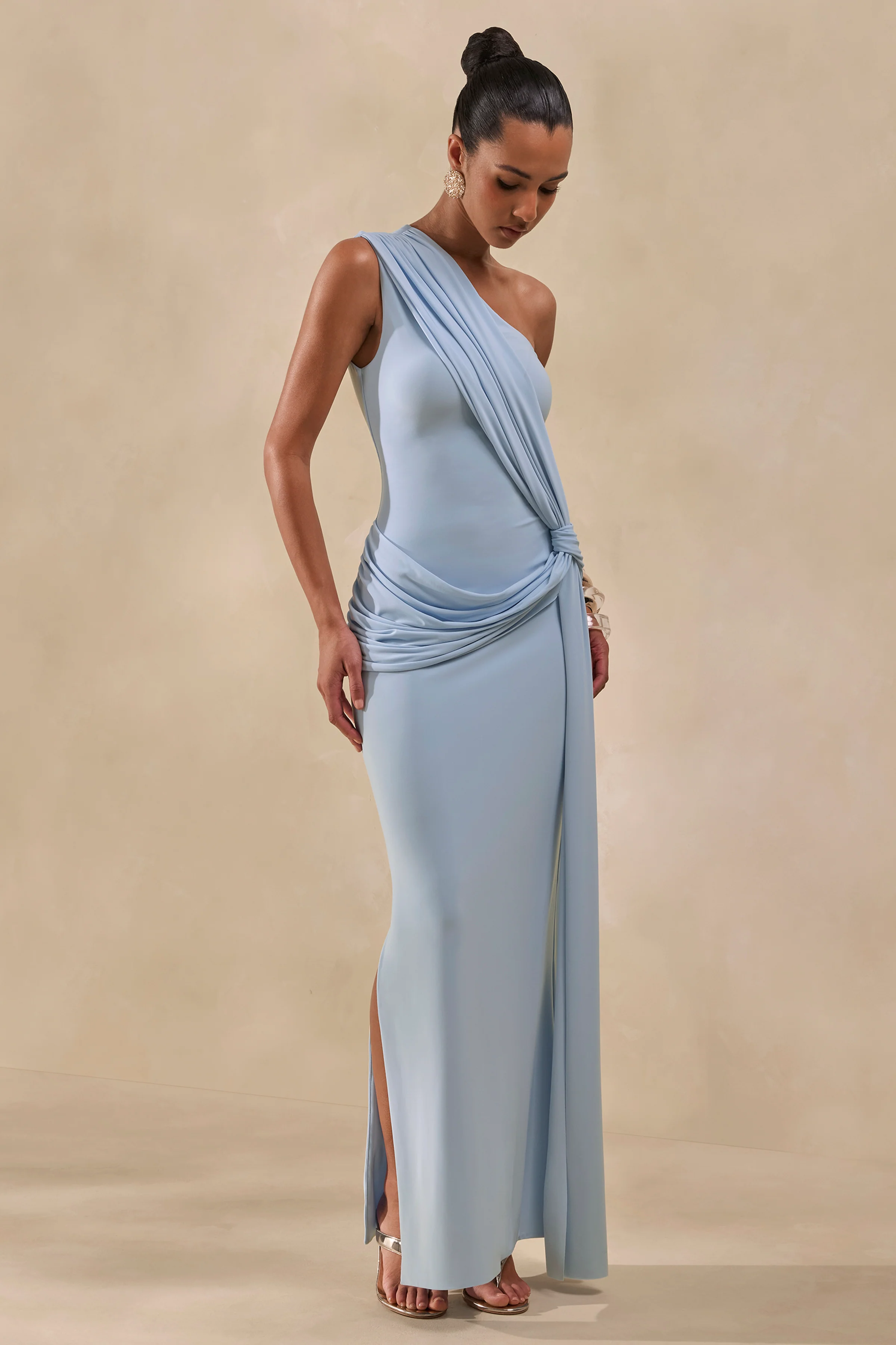 Lunoria | Powder Blue Asymmetric-Neck Maxi Dress With Gathered-Detailing - Image 5