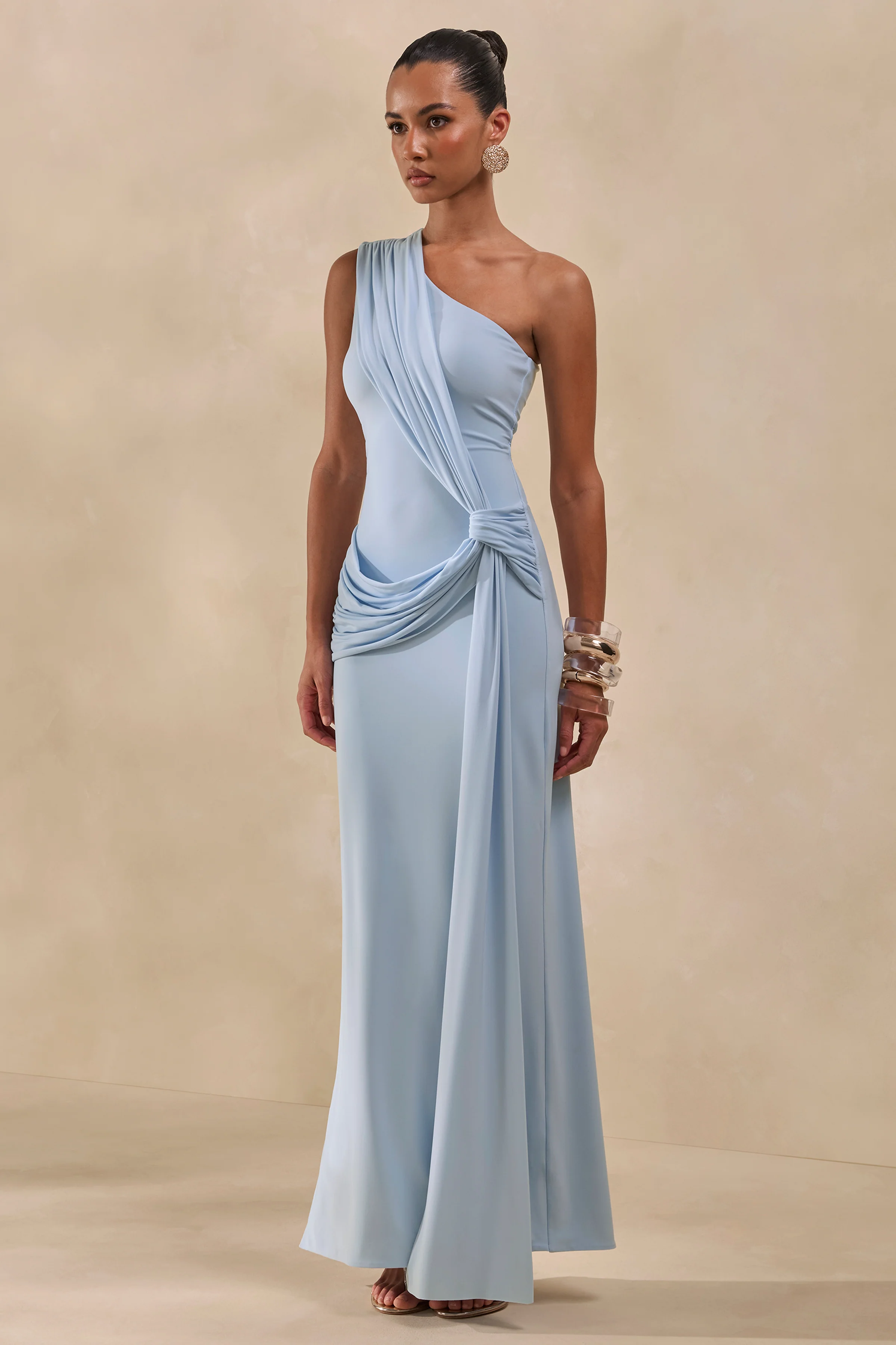 Lunoria | Powder Blue Asymmetric-Neck Maxi Dress With Gathered-Detailing - Image 7
