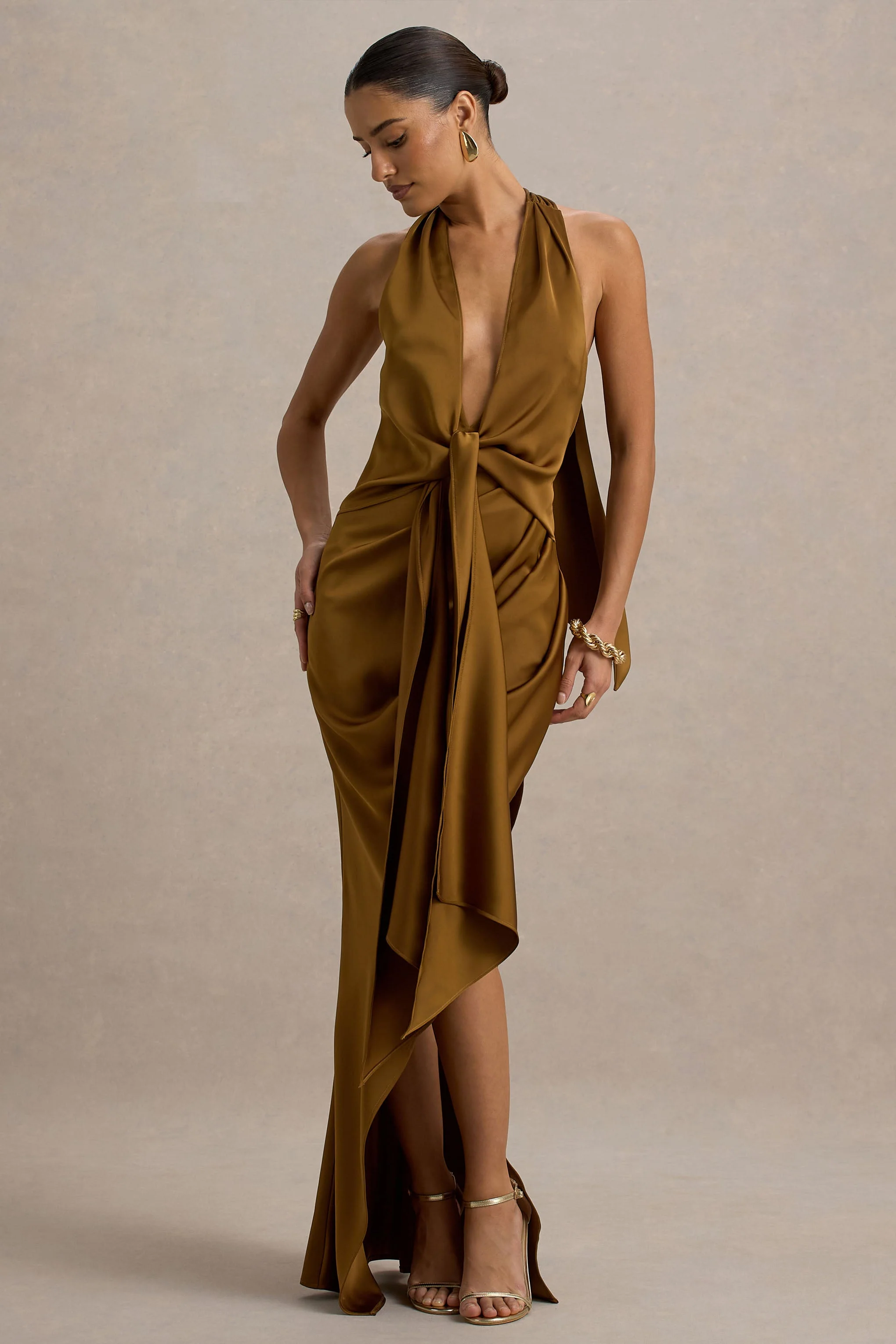 Lynette | Olive Satin Plunge-Neck Maxi Dress With Asymmetric Hem - Image 4