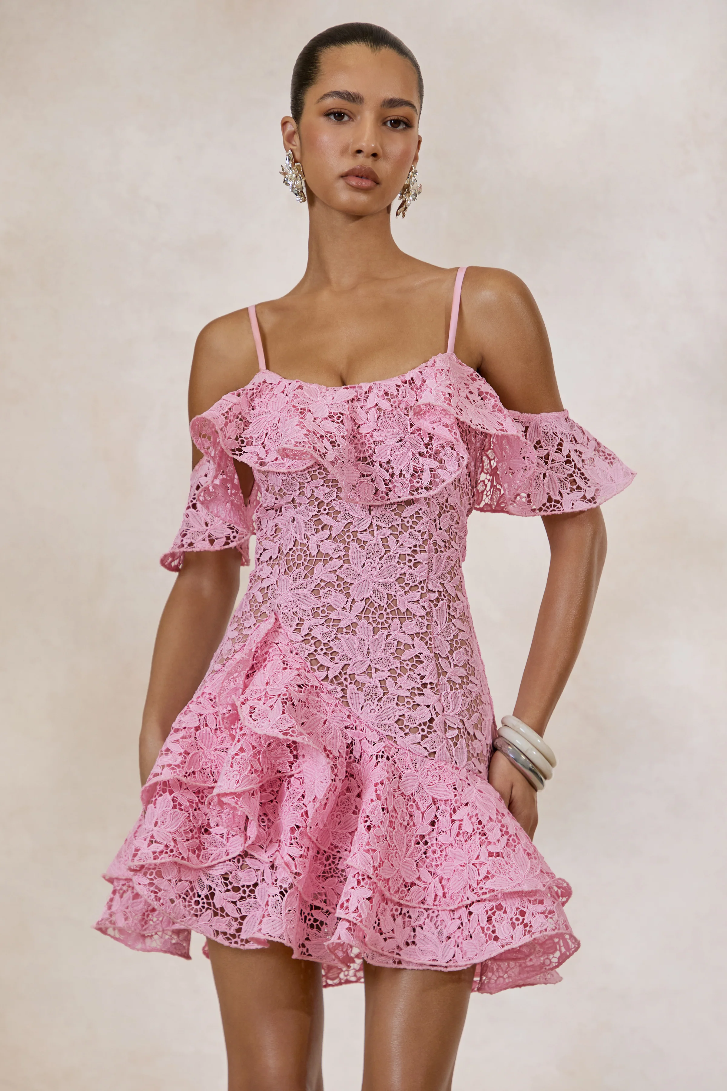 Lyris | Pink Lace Scoop-Neck Mini Dress With Ruffled Detailing - Image 5