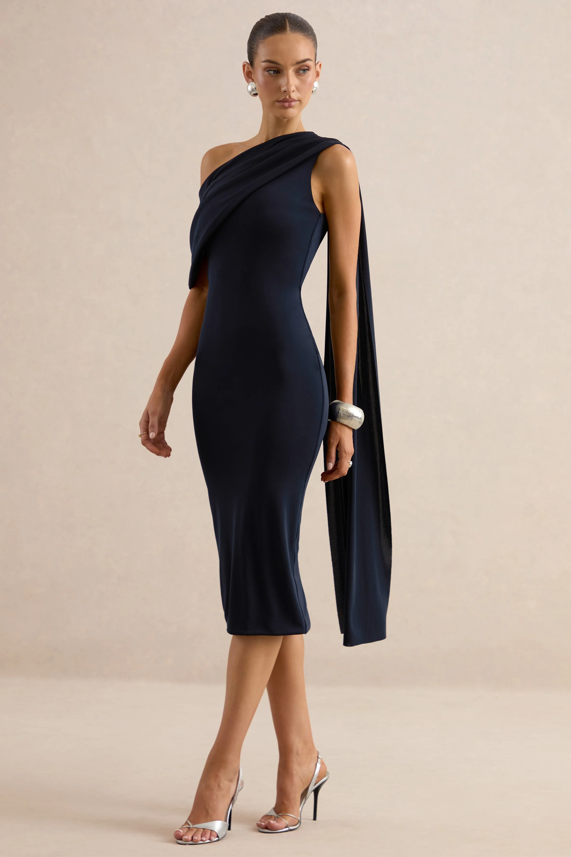 Madelisse | Navy Asymmetric-Neck Midi Dress With Sash - Image 4