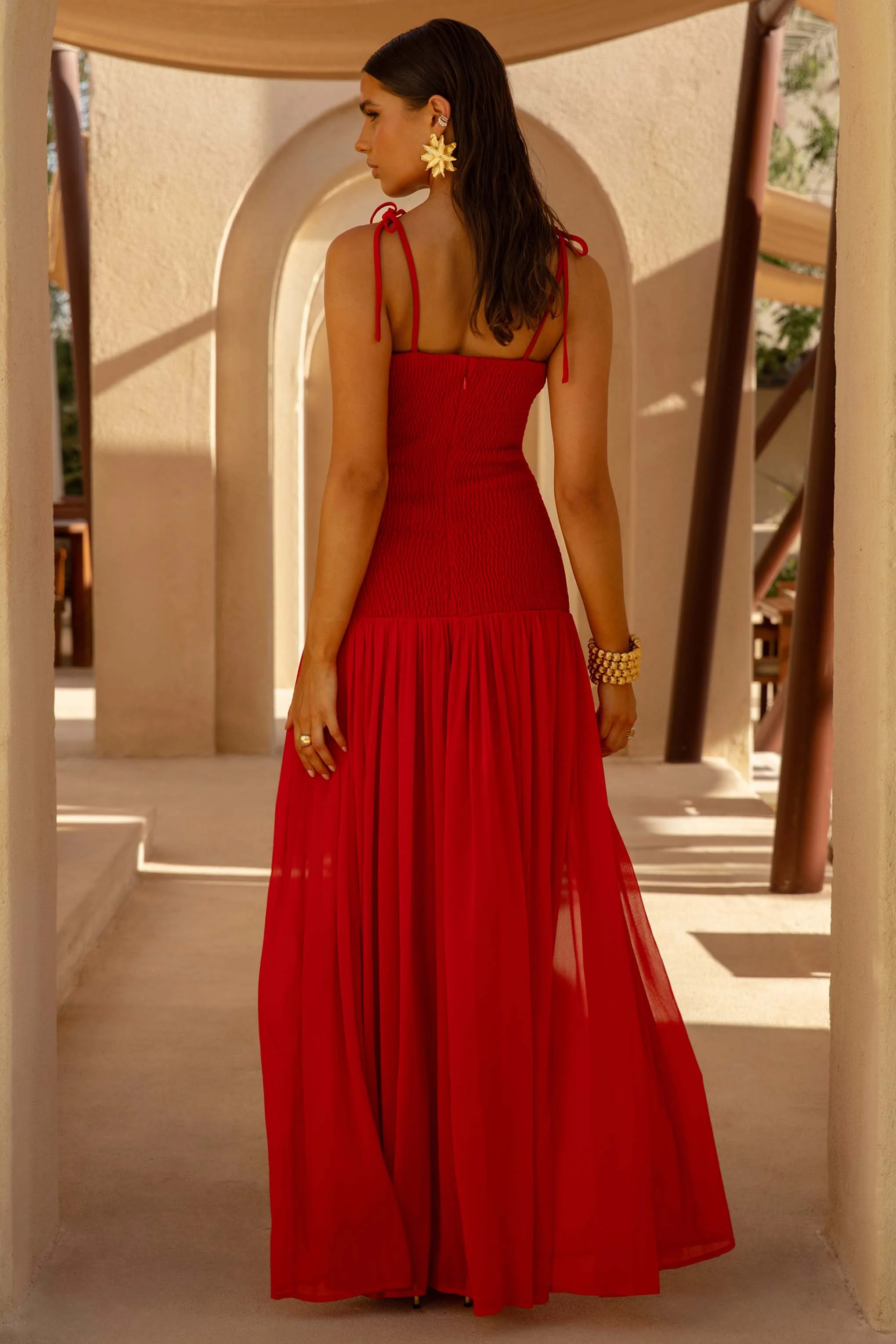 Maeva | Red Square-Neck Fishtail Maxi Dress With Ruched Detailing - Image 2