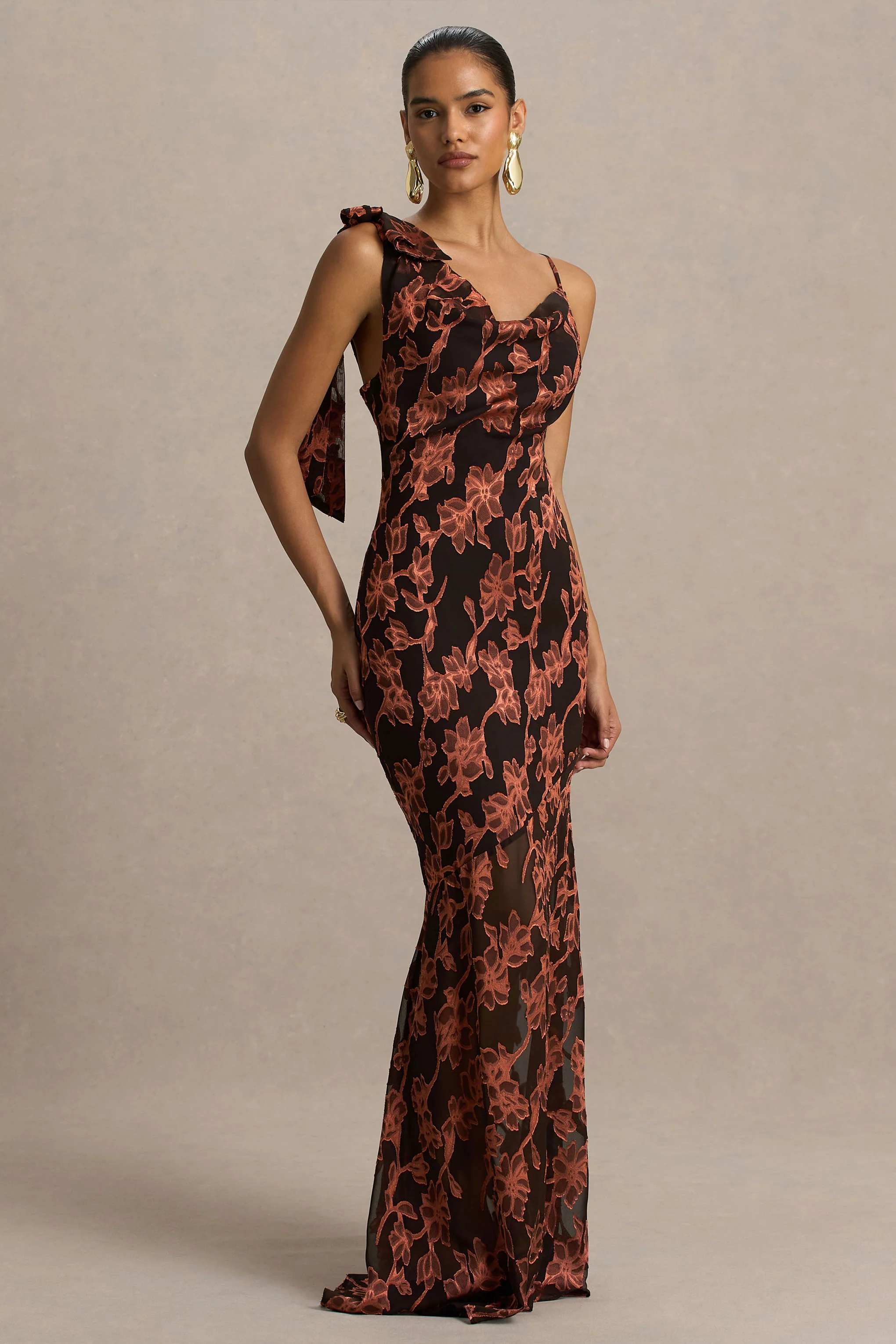 Mar | Black And Rust Cowl-Neck Maxi Dress With Bow Detail - Image 5