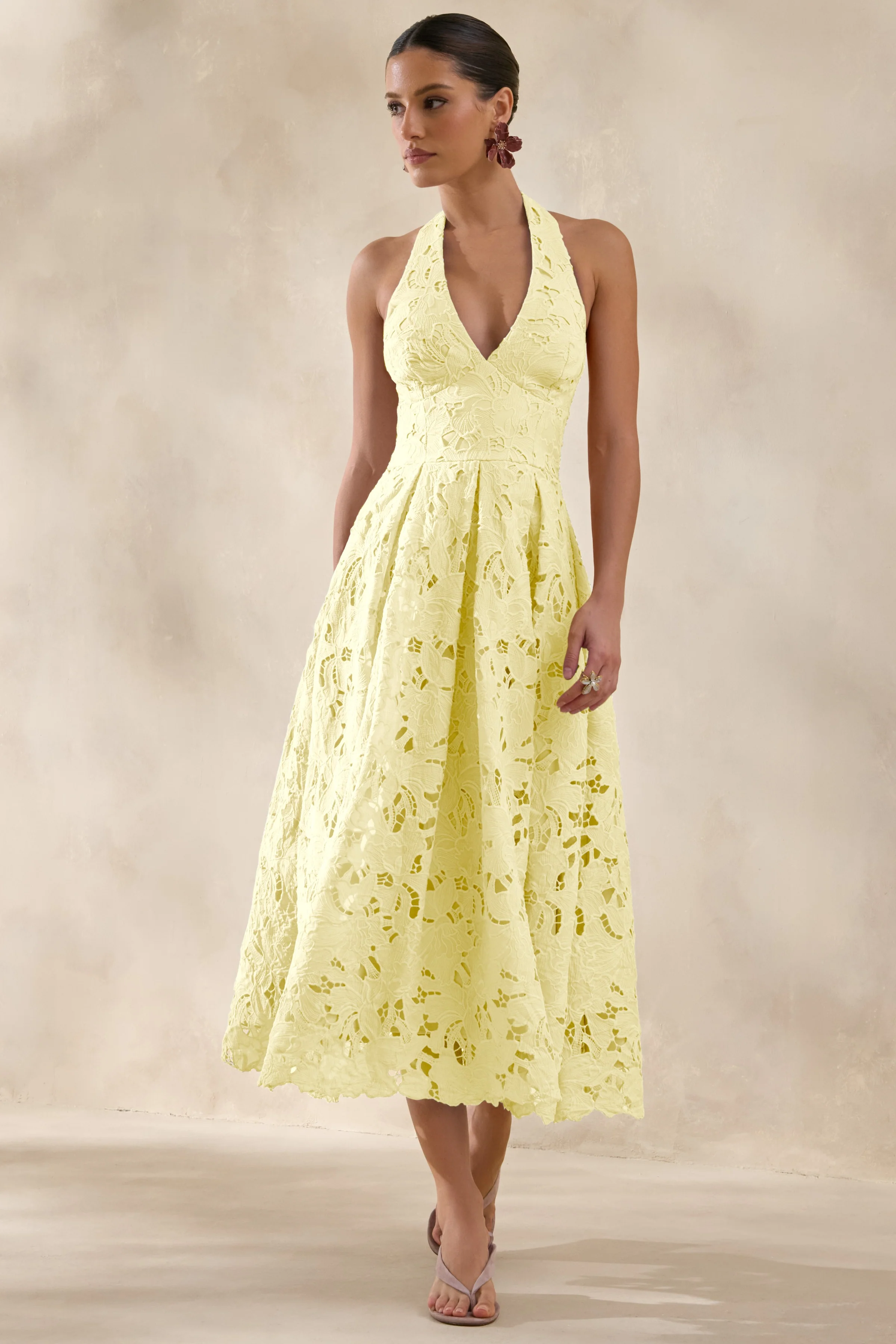 Maribel | Lemon Lace Plunge-Neck Midi Dress - Image 5