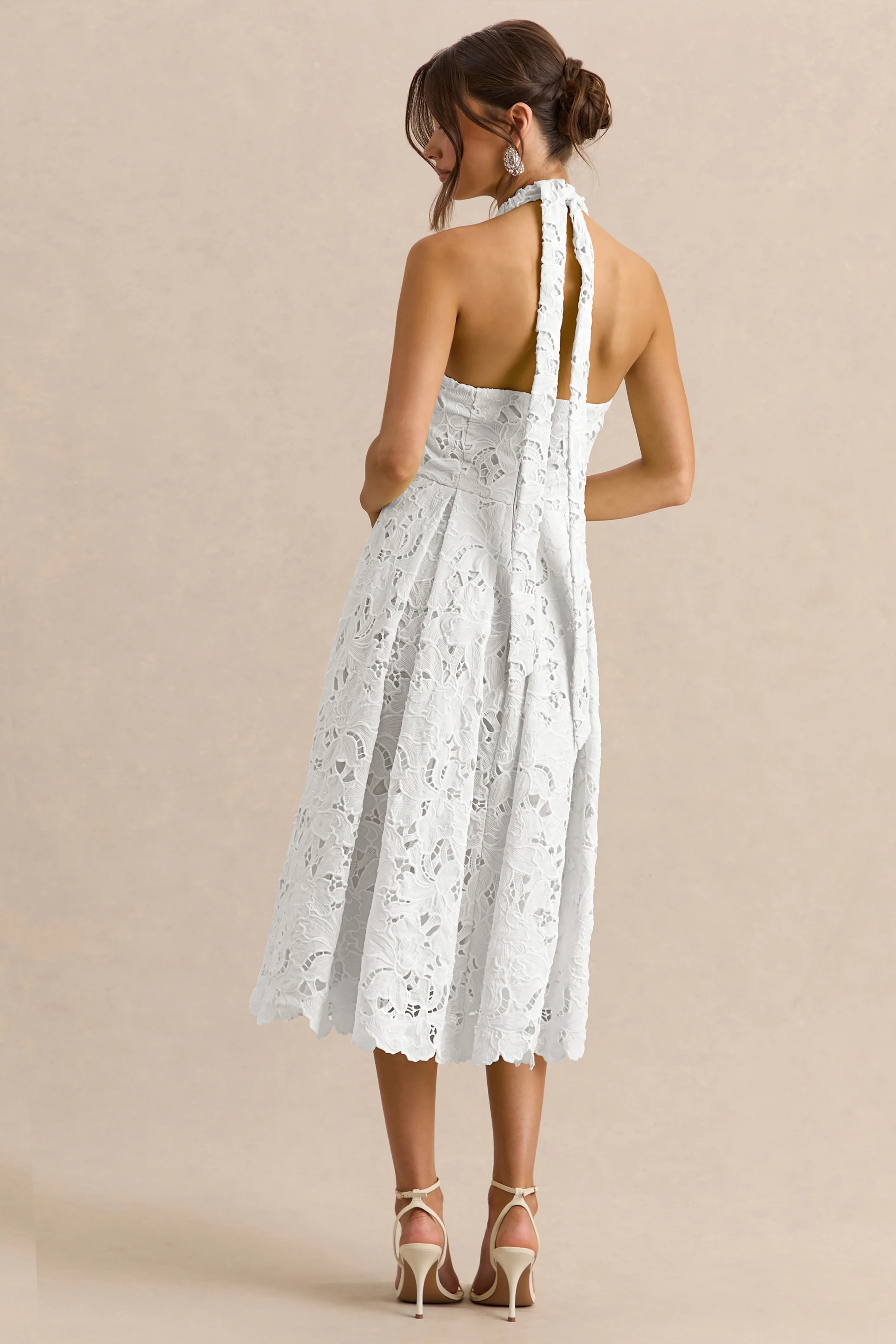 Maribel | White Lace Plunge-Neck Midi Dress - Image 2