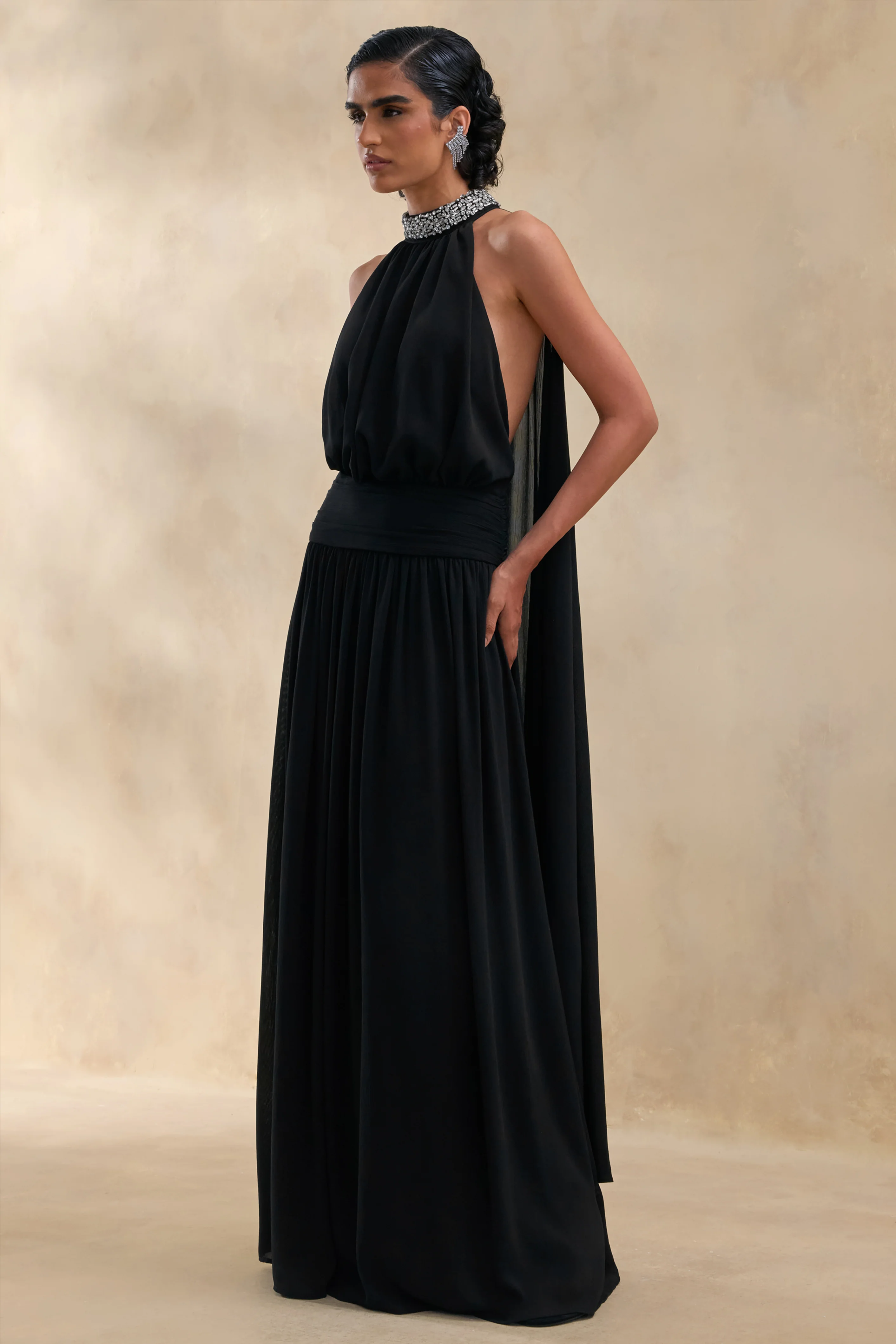 Marie | Black Halter-Neck Maxi Dress With Embellished Detailing - Image 4