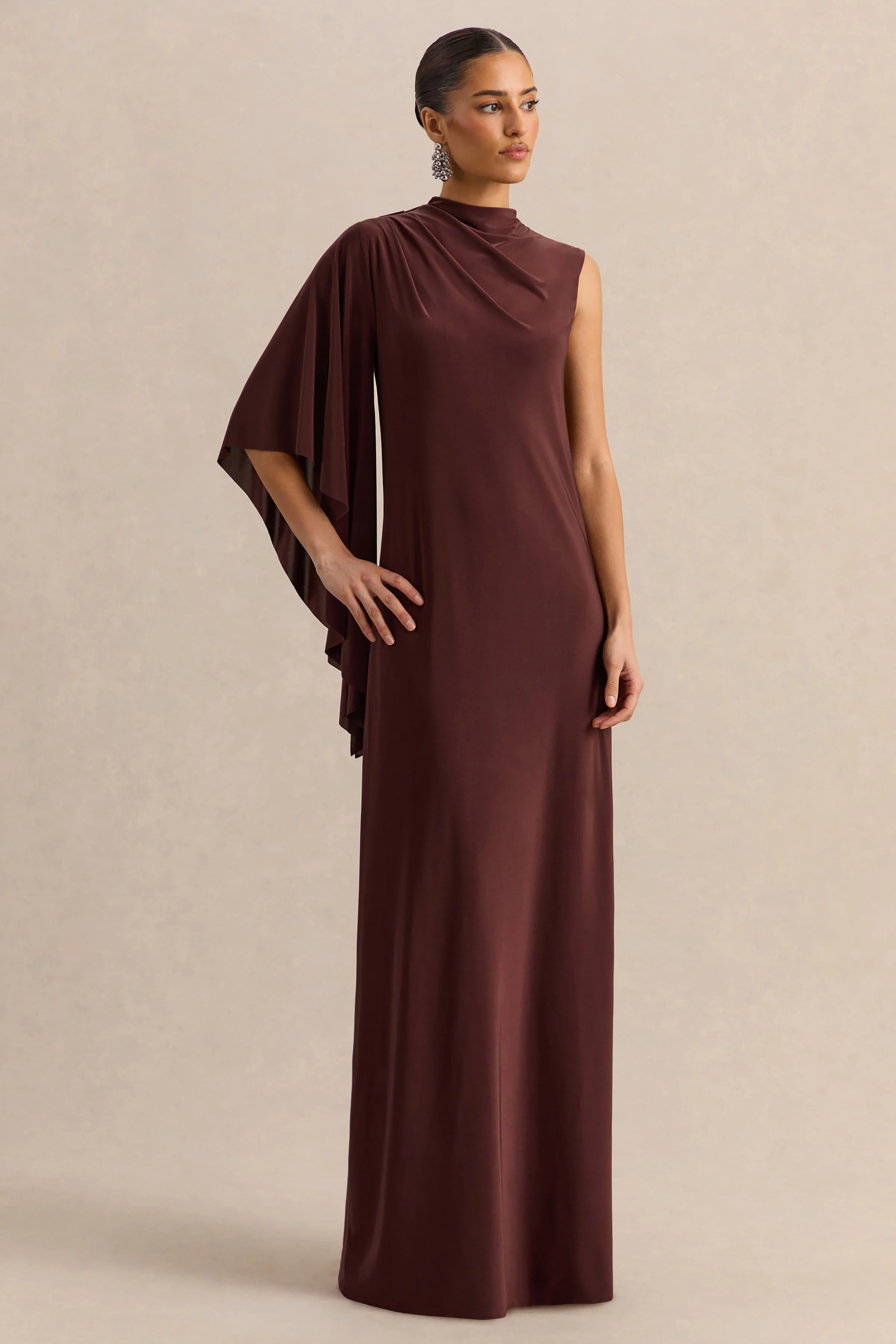 Marosia | Brown High-Neck Maxi Dress With Cape Sleeve - Image 4