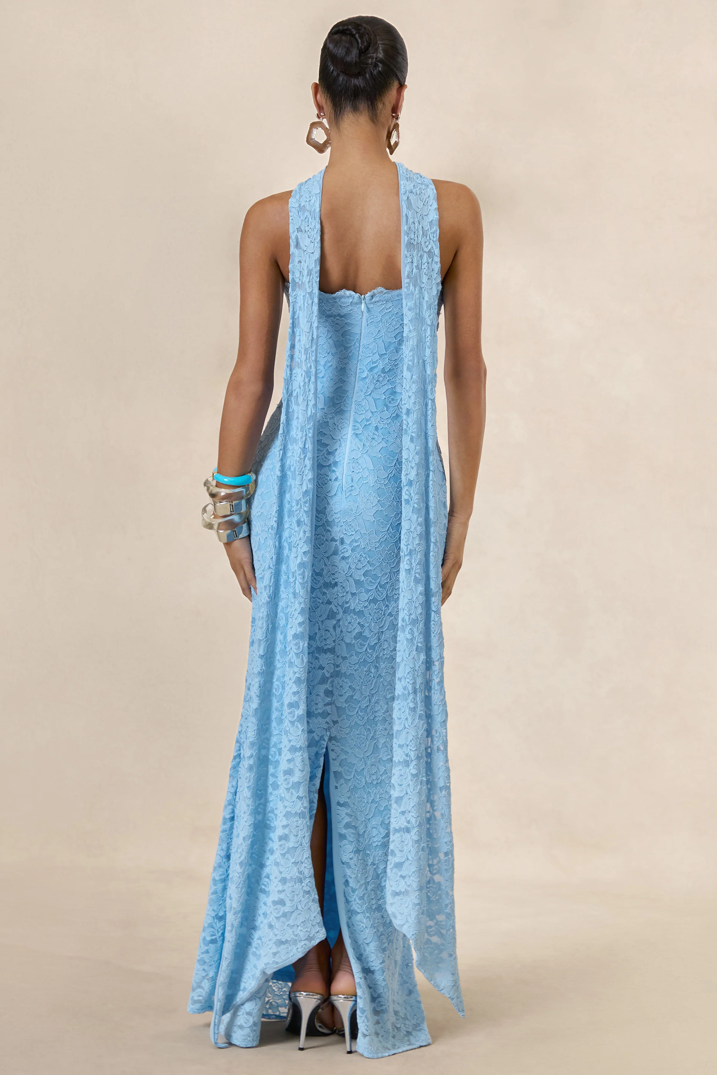 Massima | Light Blue Lace Bandeau Maxi Dress With Scarf-Detail - Image 2