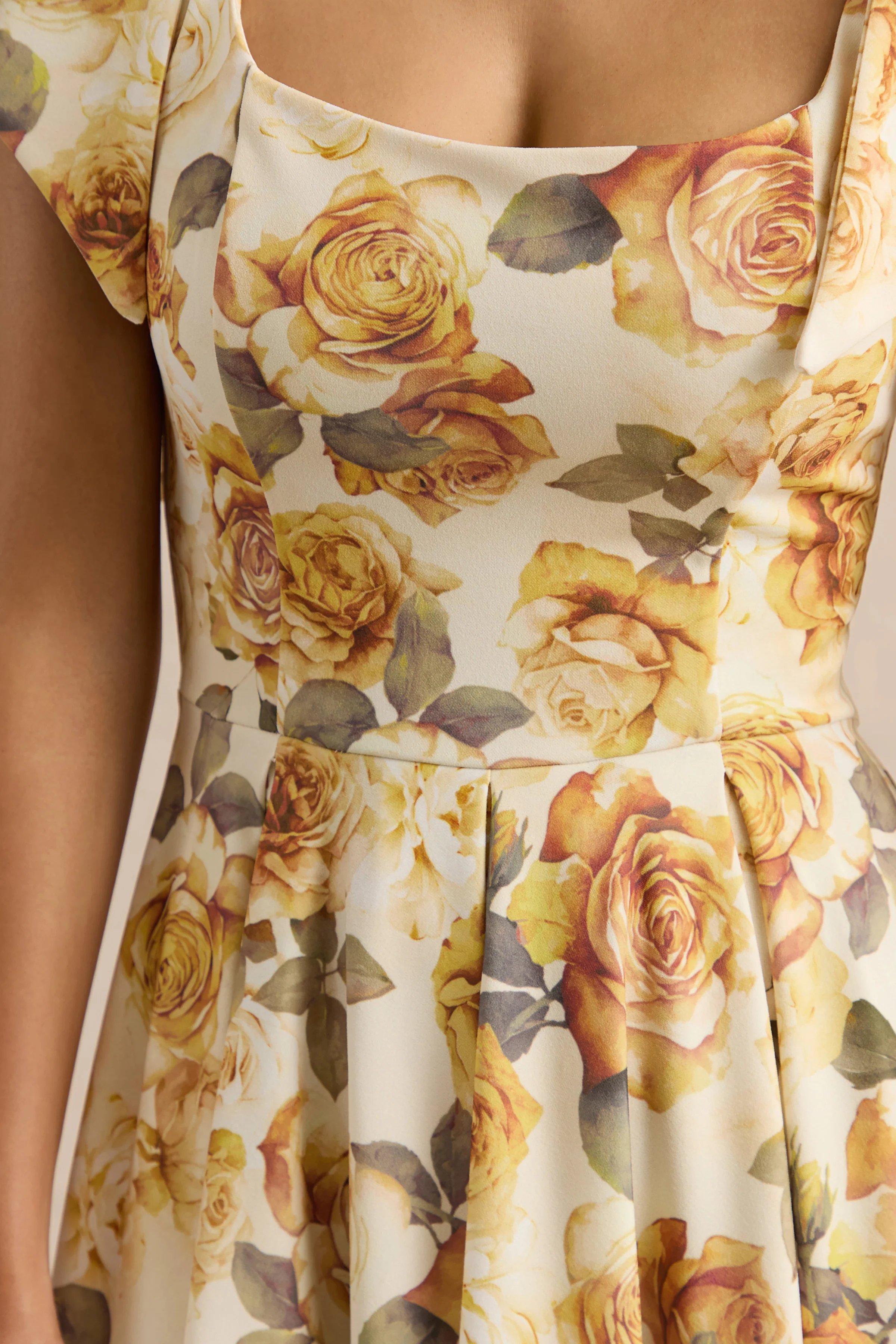 Mena | Lemon Rose Print Square-Neck Midi Dress With Bow Sleeves - Image 7