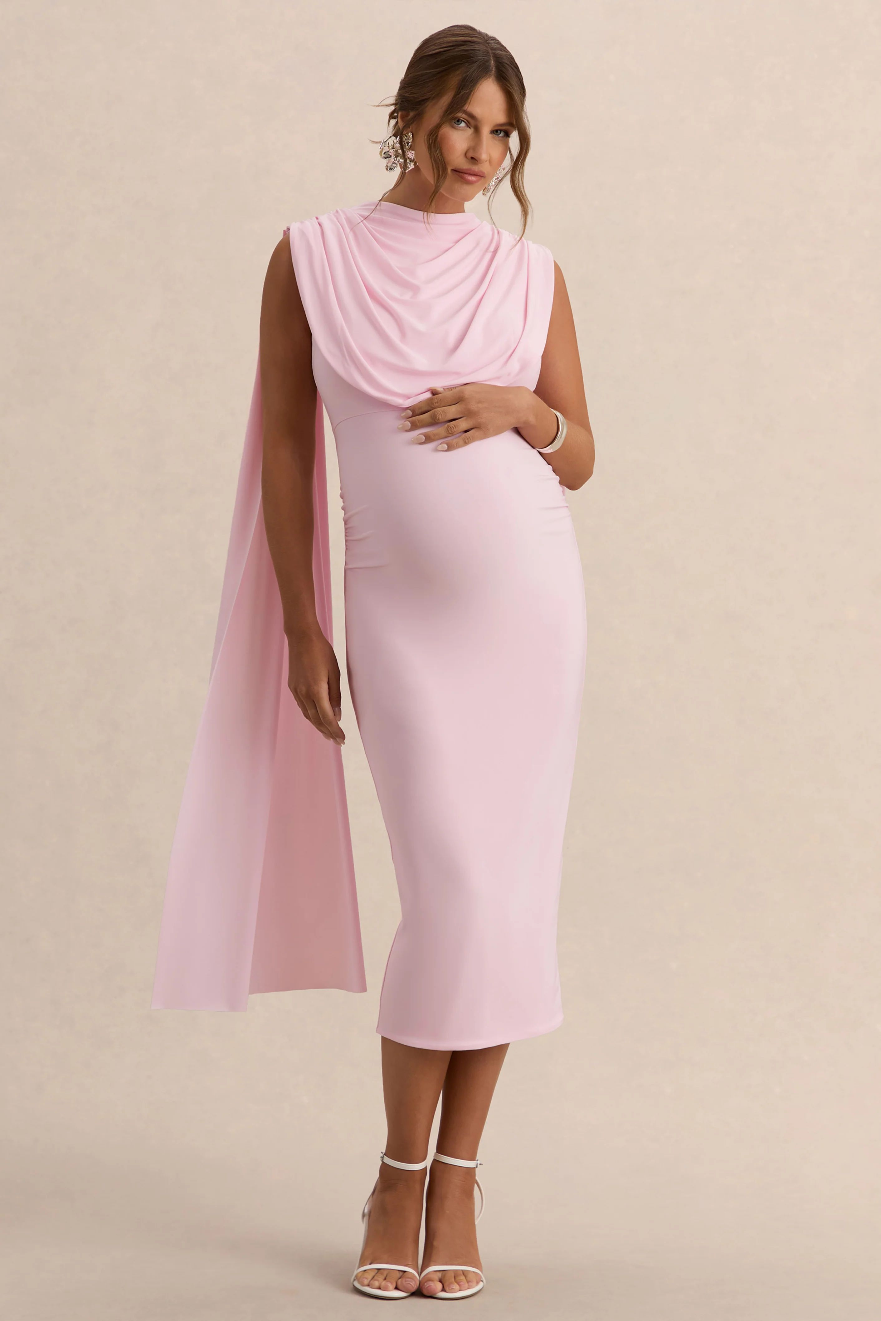 Milaine | Light Pink Round-Neck Maternity Midi Dress With Cape Sleeves - Image 5