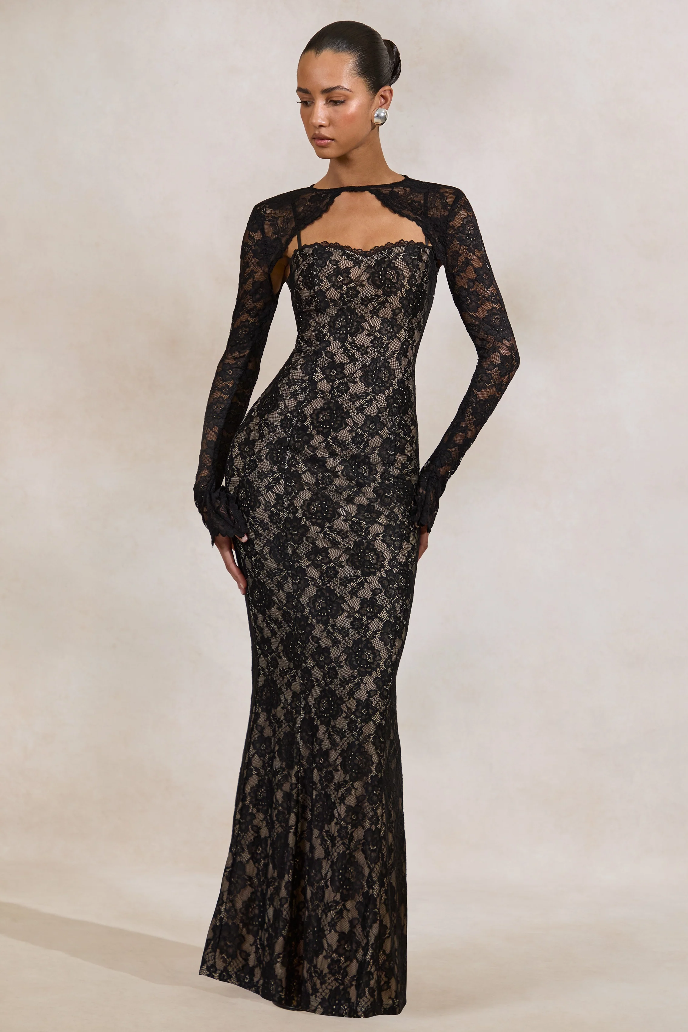 Mirellia | Black Lace Sweetheart-Neck Maxi Dress