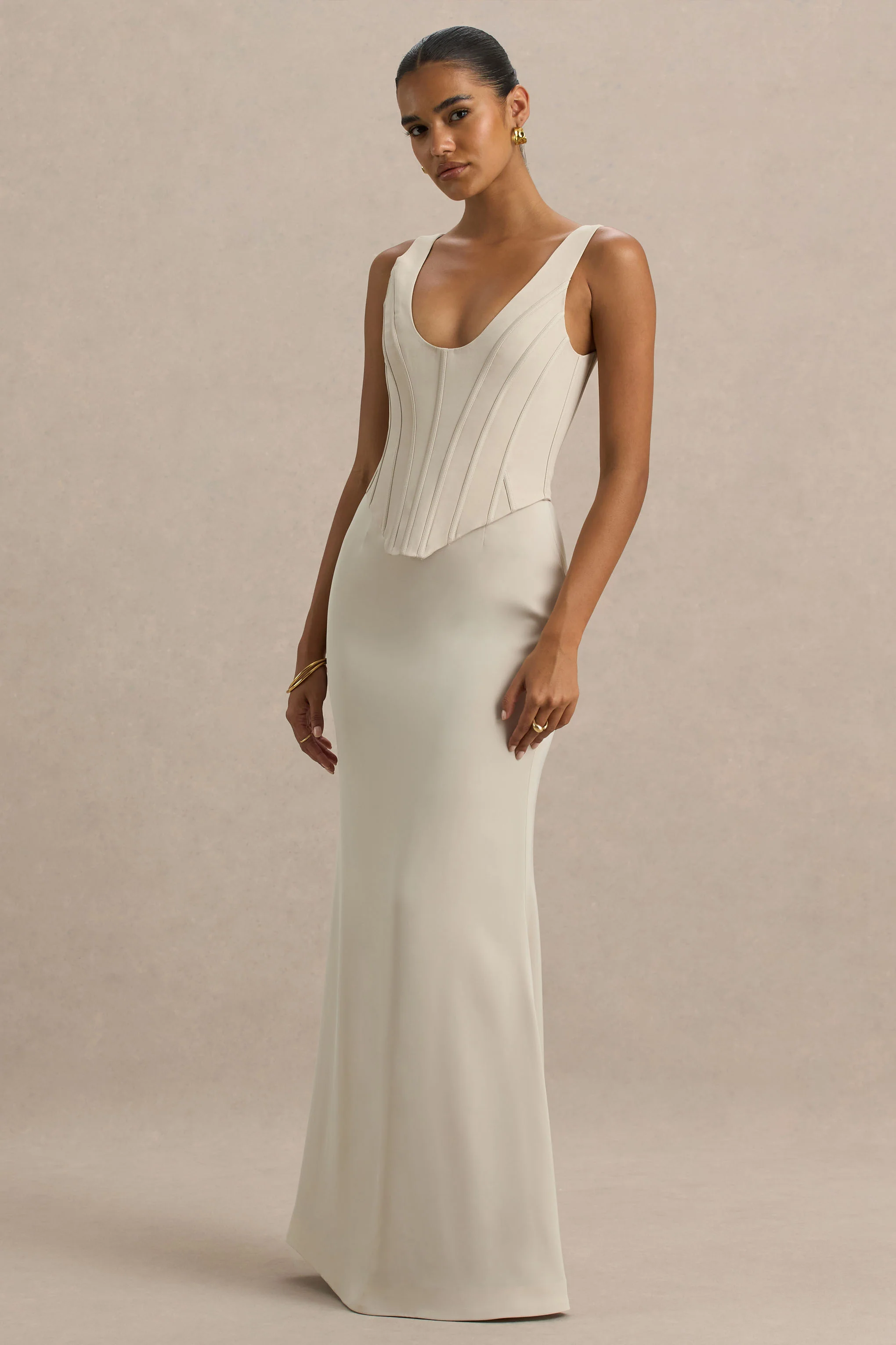 Morgan | Champagne Satin Corset Maxi Dress - Image 3