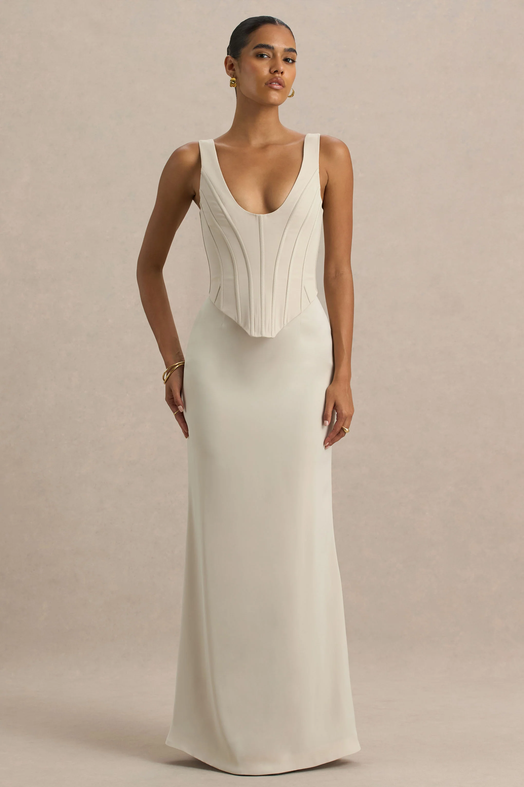 Morgan | Champagne Satin Corset Maxi Dress - Image 4