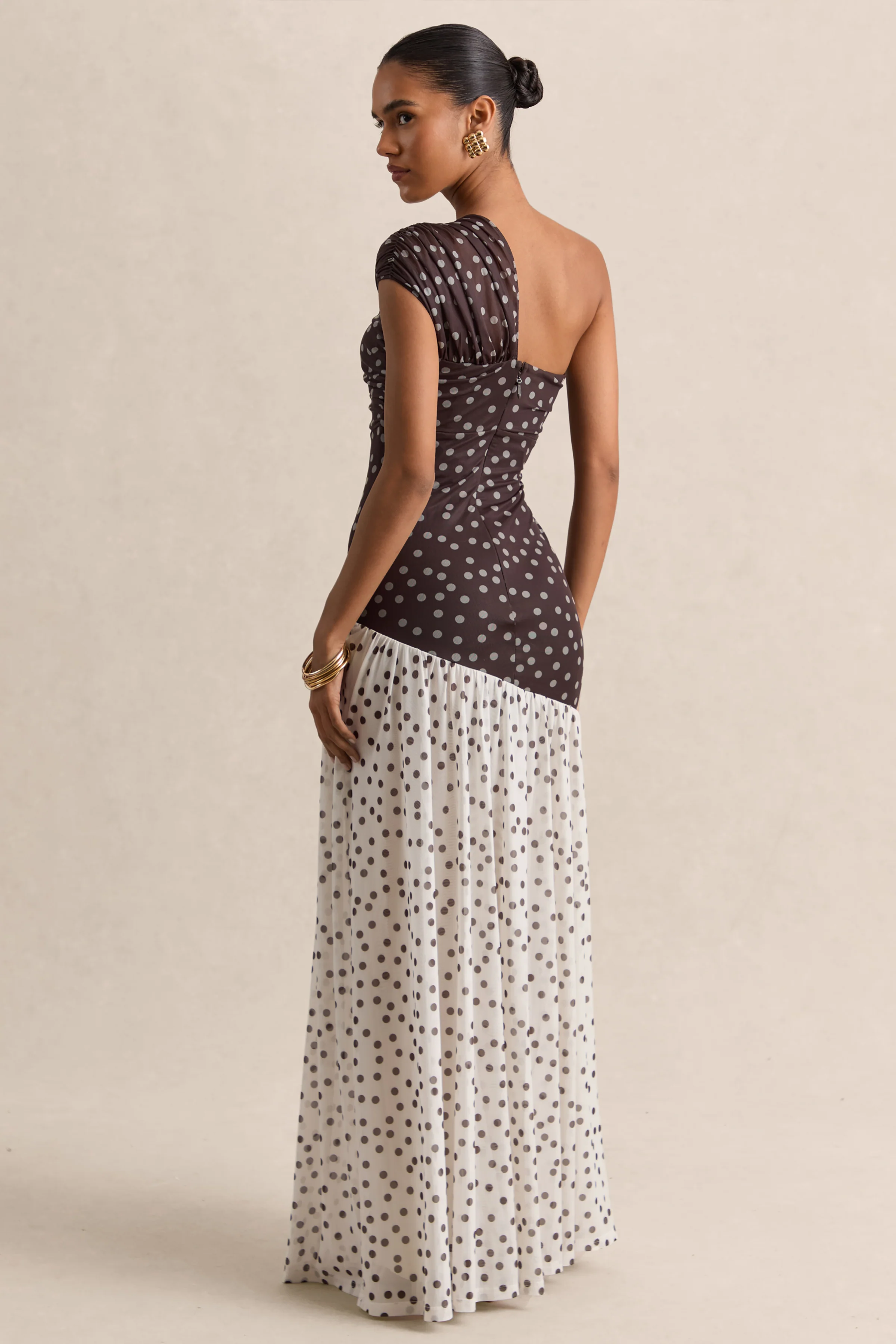 Motira | Brown Polka-Dot Asymmetric-Neck Maxi Dress With Asymmetric Drop-Waist - Image 2