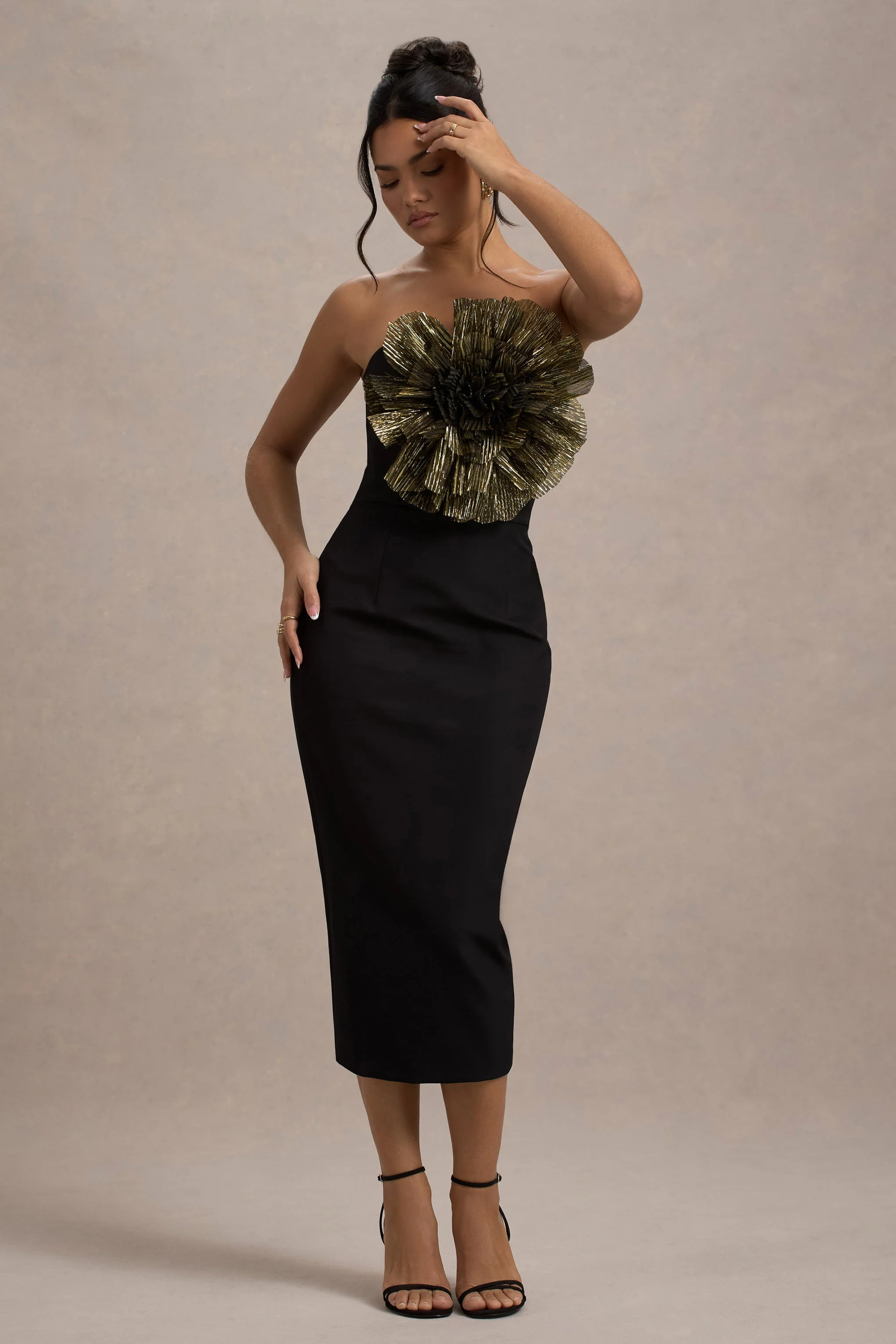 Moya | Black & Gold Bodycon Midi Dress With Corsage Detail - Image 5
