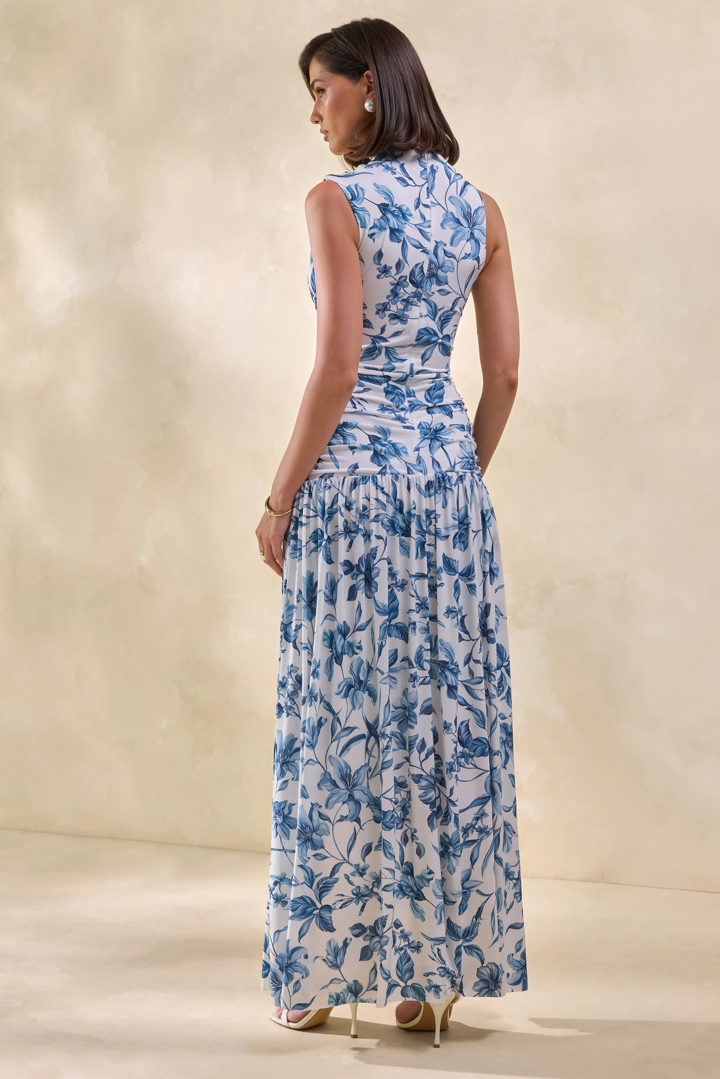 Myssara | Blue Porcelain-Print High-Neck Maxi Dress Gathered-Detailing - Image 2