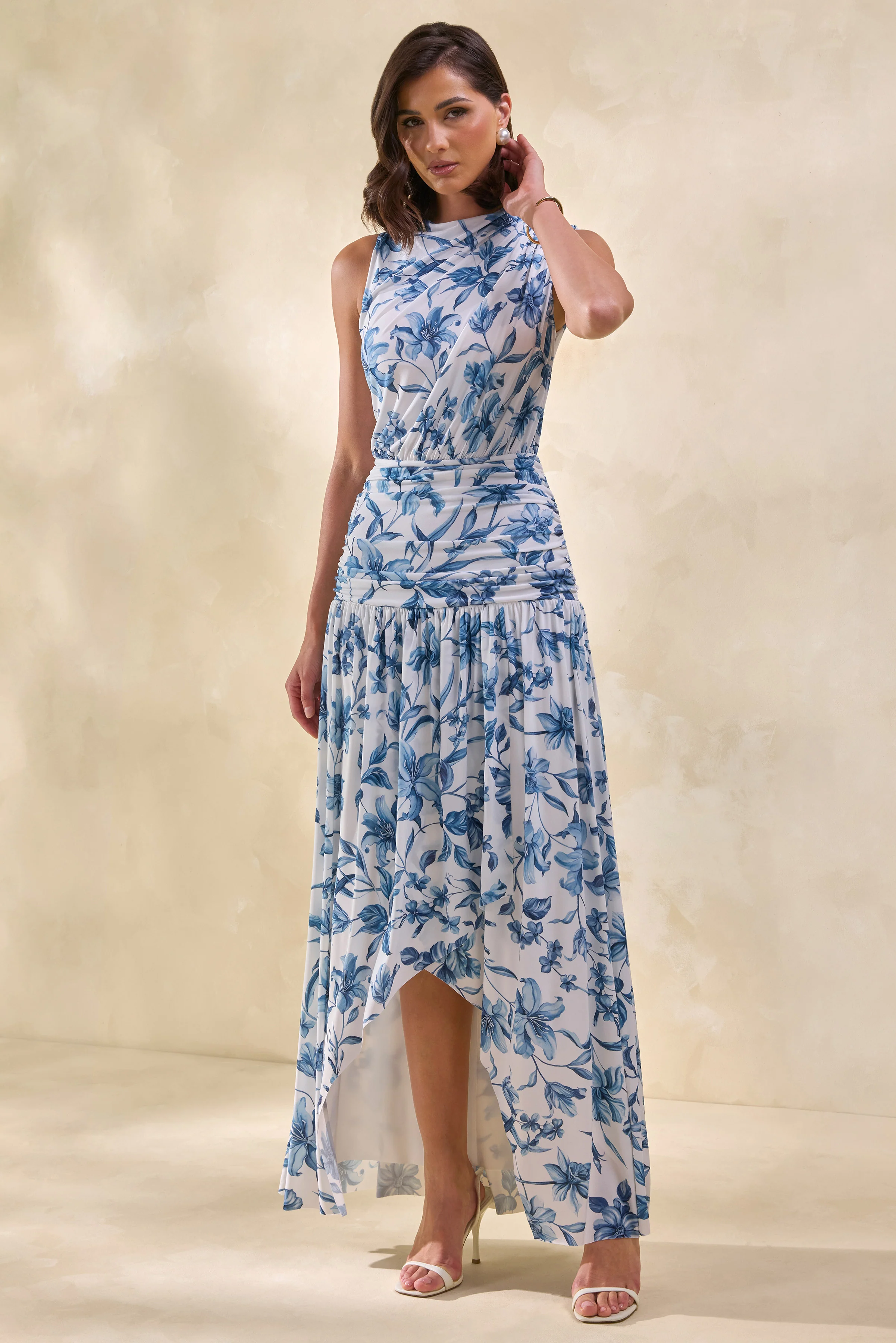 Myssara | Blue Porcelain-Print High-Neck Maxi Dress Gathered-Detailing - Image 3