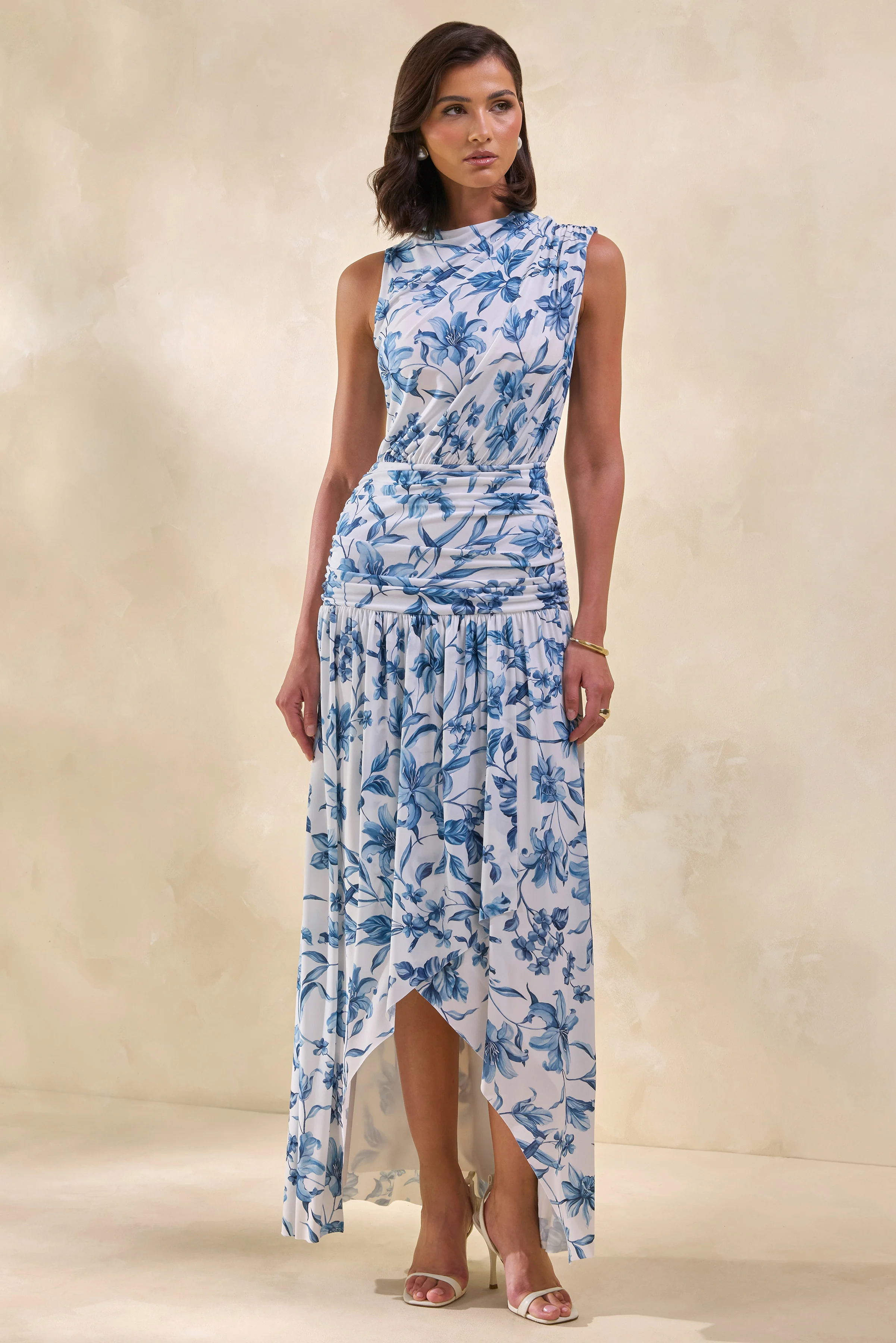 Myssara | Blue Porcelain-Print High-Neck Maxi Dress Gathered-Detailing - Image 6
