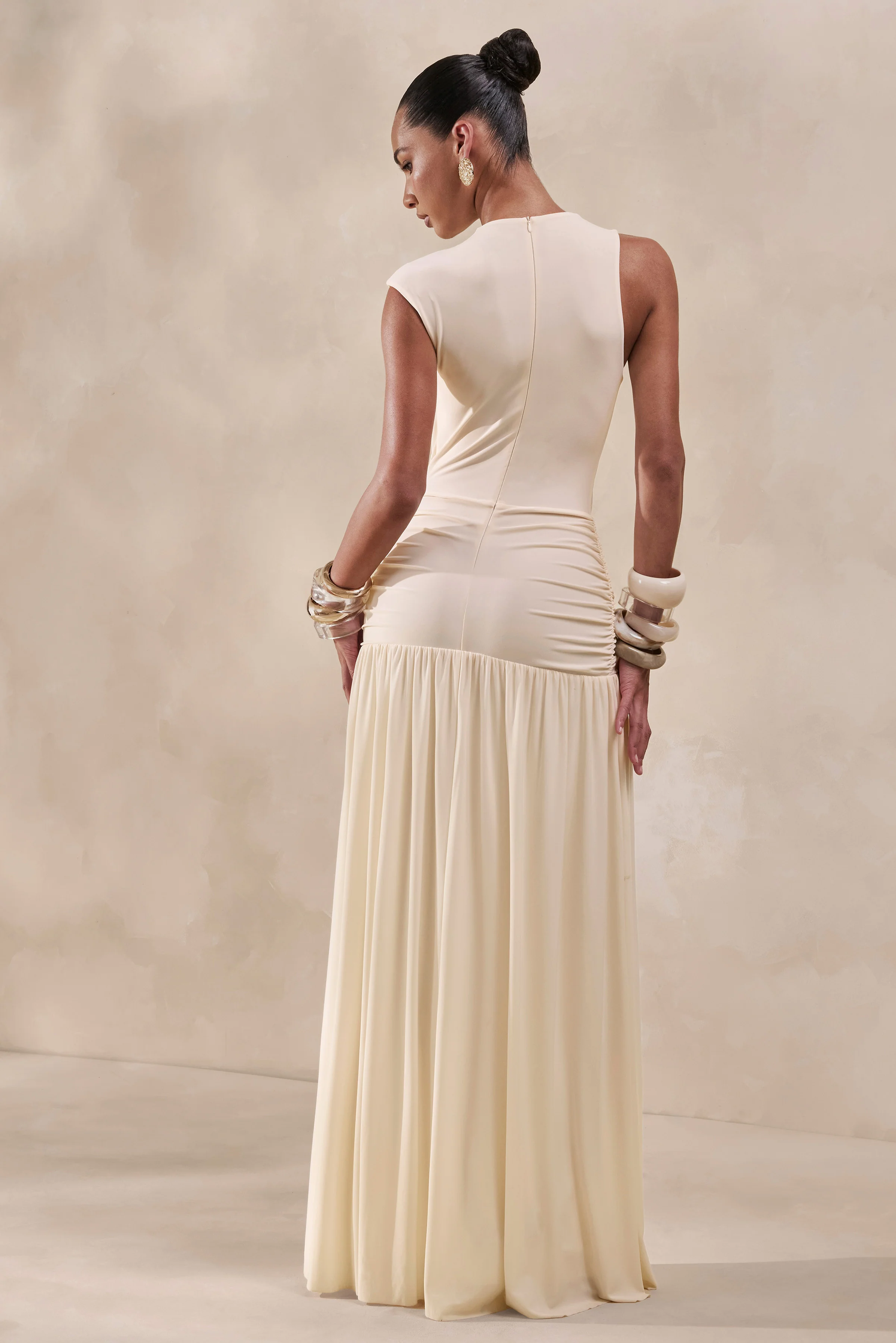 Myssara | Cream High-Neck Maxi Dress Gathered-Detailing - Image 3