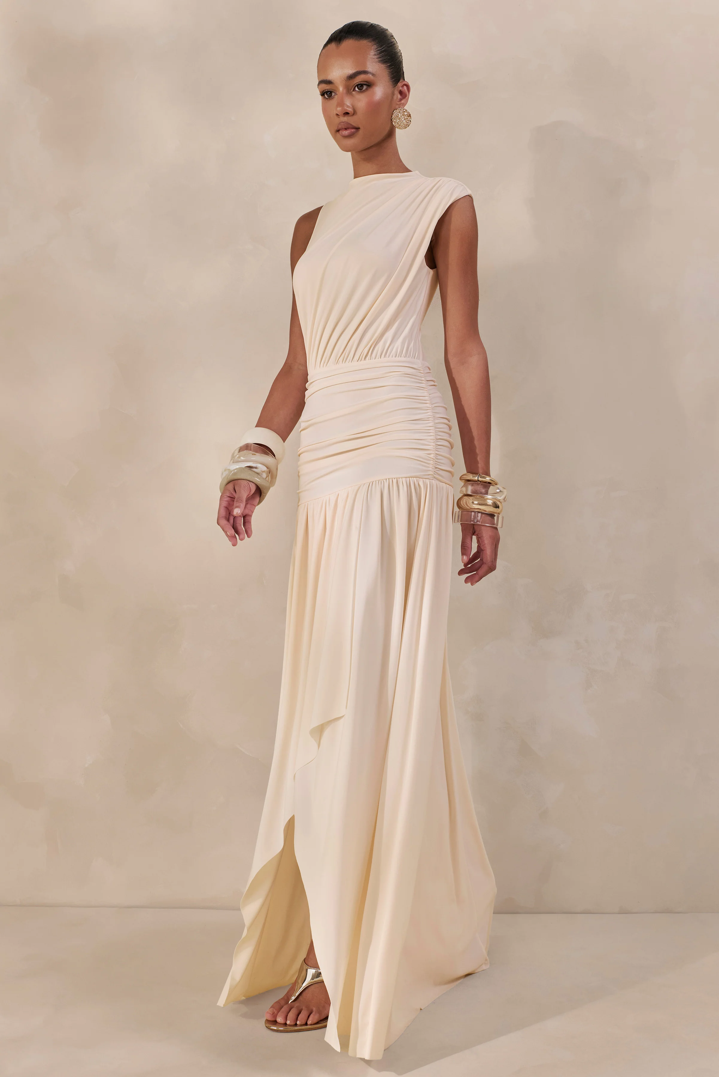 Myssara | Cream High-Neck Maxi Dress Gathered-Detailing - Image 8