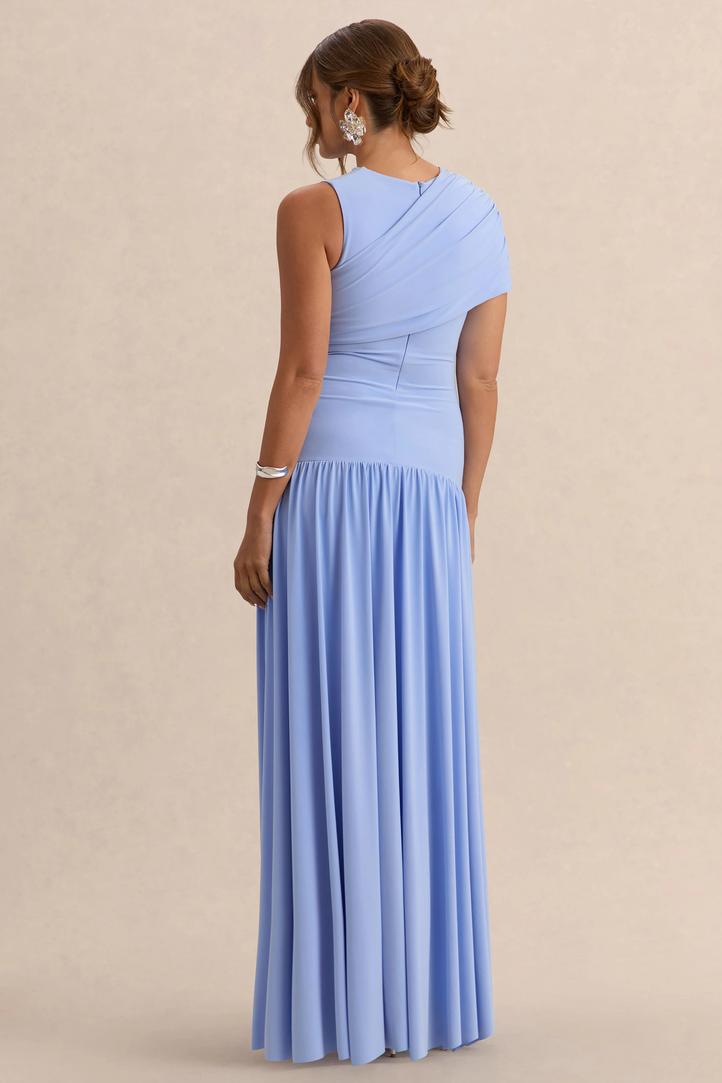 Naida | Light Blue Round-Neck Maternity Maxi Dress With Draped Detailing - Image 2
